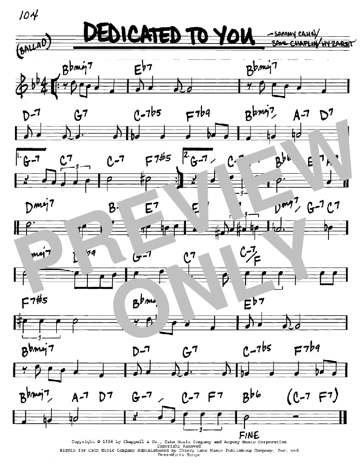 Download Sammy Cahn Dedicated To You Sheet Music and learn how to play Real Book - Melody & Chords - Eb Instruments PDF digital score in minutes