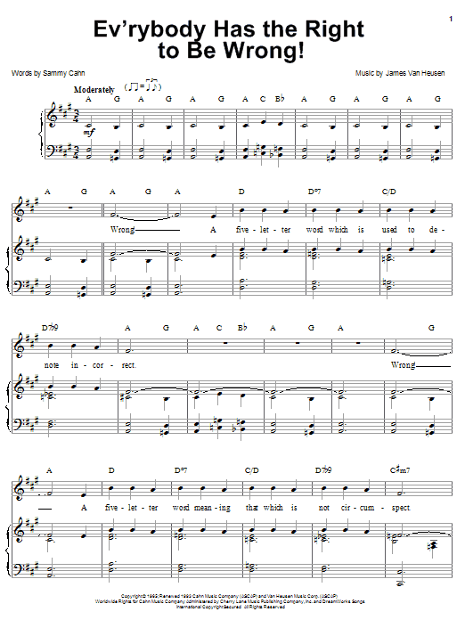 Download Sammy Cahn Ev'rybody Has The Right To Be Wrong! Sheet Music and learn how to play Piano, Vocal & Guitar (Right-Hand Melody) PDF digital score in minutes