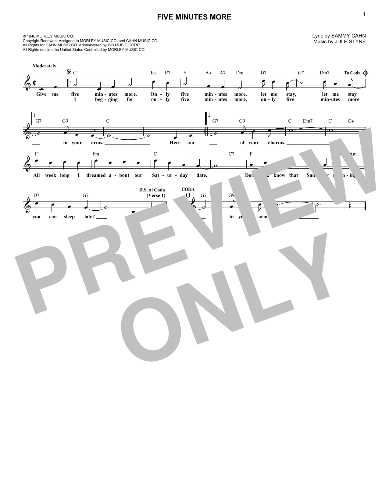 Download Sammy Cahn Five Minutes More Sheet Music and learn how to play Melody Line, Lyrics & Chords PDF digital score in minutes