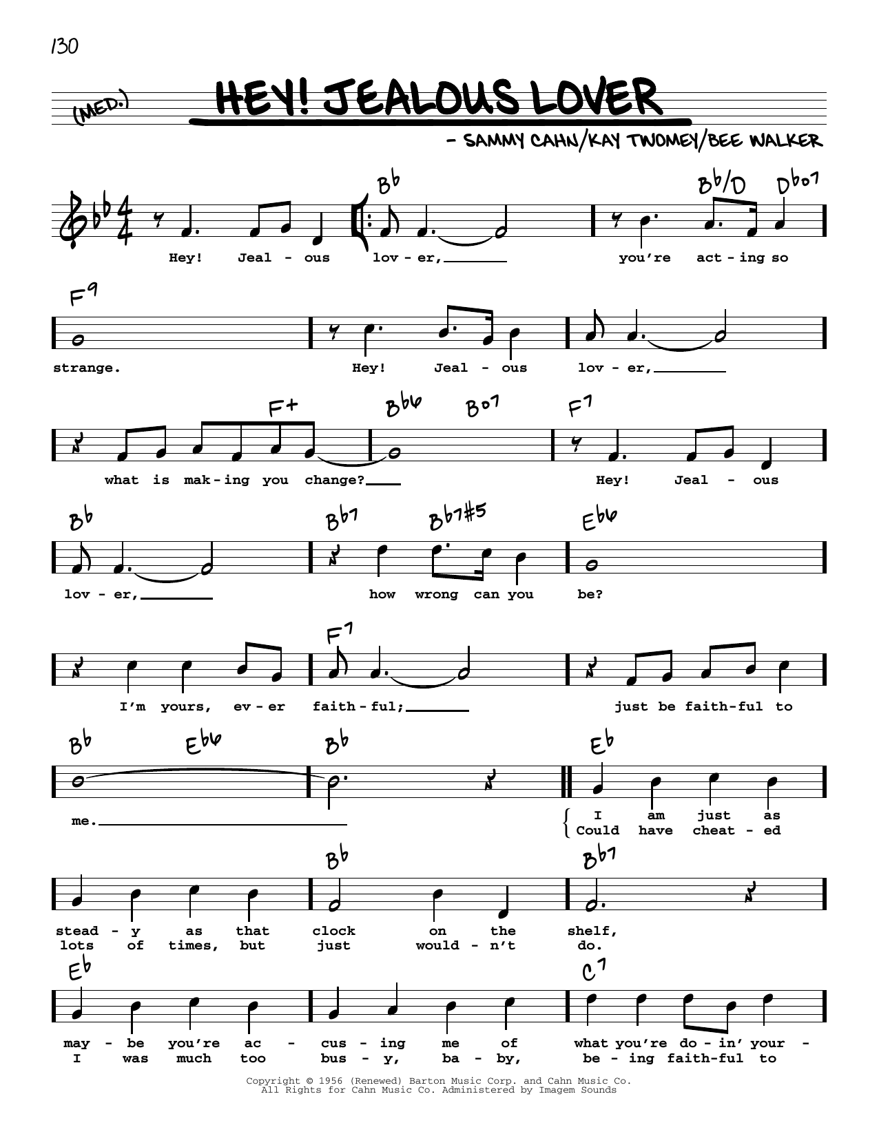 Download Sammy Cahn Hey! Jealous Lover (High Voice) Sheet Music and learn how to play Real Book – Melody, Lyrics & Chords PDF digital score in minutes