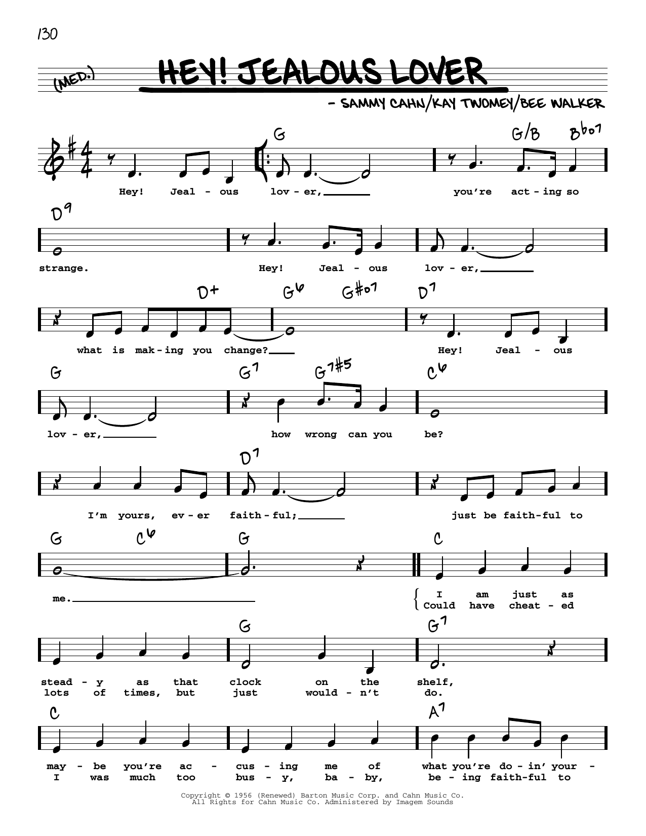 Download Sammy Cahn Hey! Jealous Lover (Low Voice) Sheet Music and learn how to play Real Book – Melody, Lyrics & Chords PDF digital score in minutes