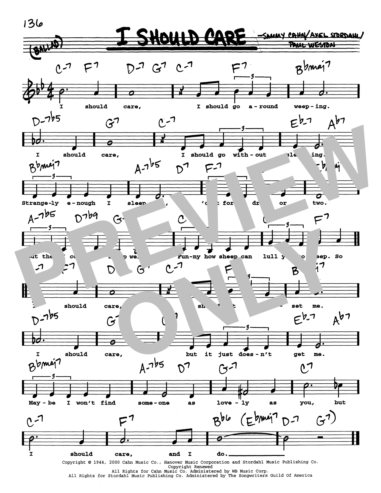 Download Sammy Cahn I Should Care (Low Voice) Sheet Music and learn how to play Real Book – Melody, Lyrics & Chords PDF digital score in minutes