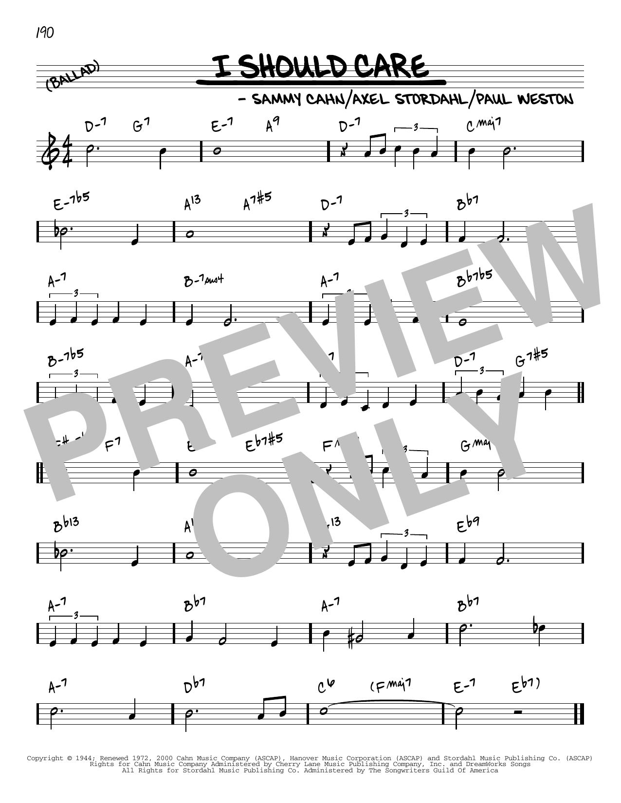 Download Sammy Cahn I Should Care [Reharmonized version] (arr. Jack Grassel) Sheet Music and learn how to play Real Book – Melody & Chords PDF digital score in minutes