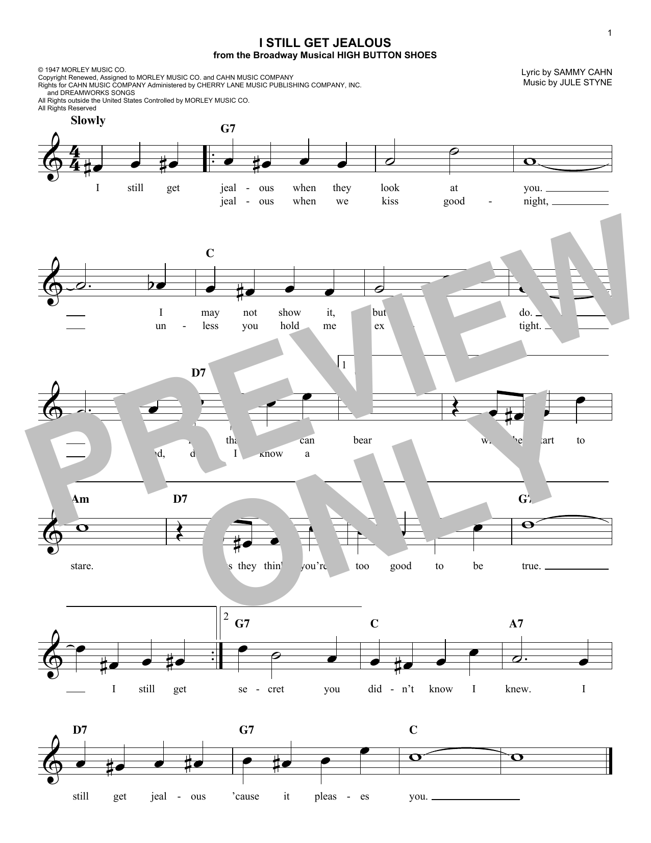 Download Sammy Cahn I Still Get Jealous Sheet Music and learn how to play Melody Line, Lyrics & Chords PDF digital score in minutes