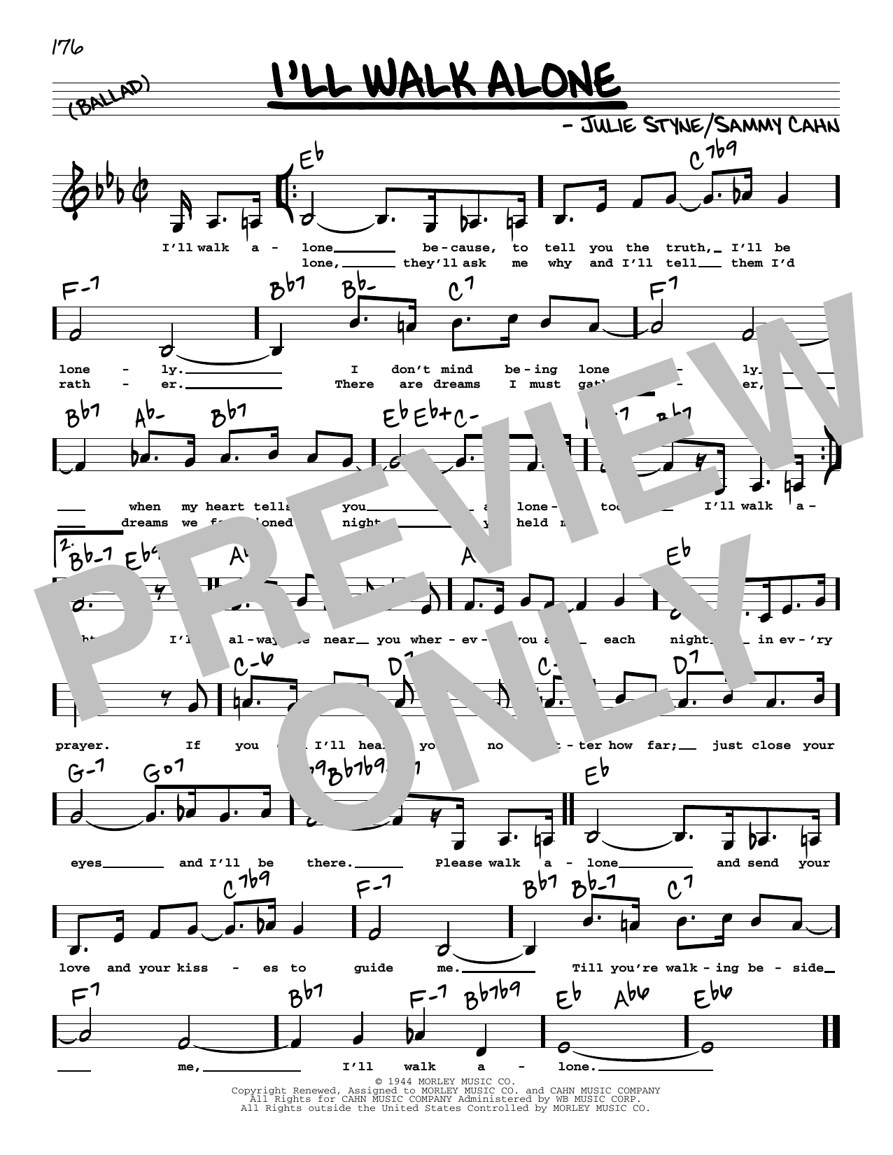 Download Sammy Cahn I'll Walk Alone (Low Voice) Sheet Music and learn how to play Real Book – Melody, Lyrics & Chords PDF digital score in minutes