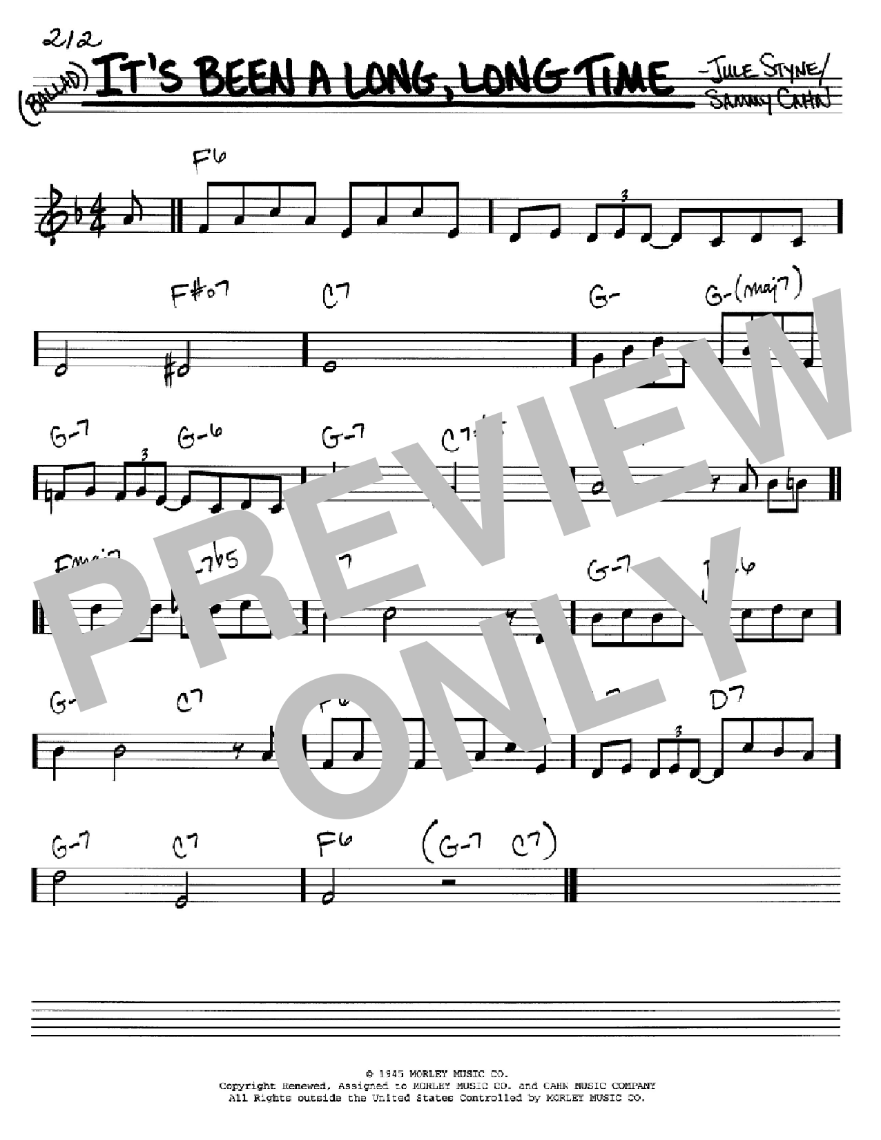 Download Sammy Cahn It's Been A Long, Long Time Sheet Music and learn how to play Real Book - Melody, Lyrics & Chords - C Instruments PDF digital score in minutes