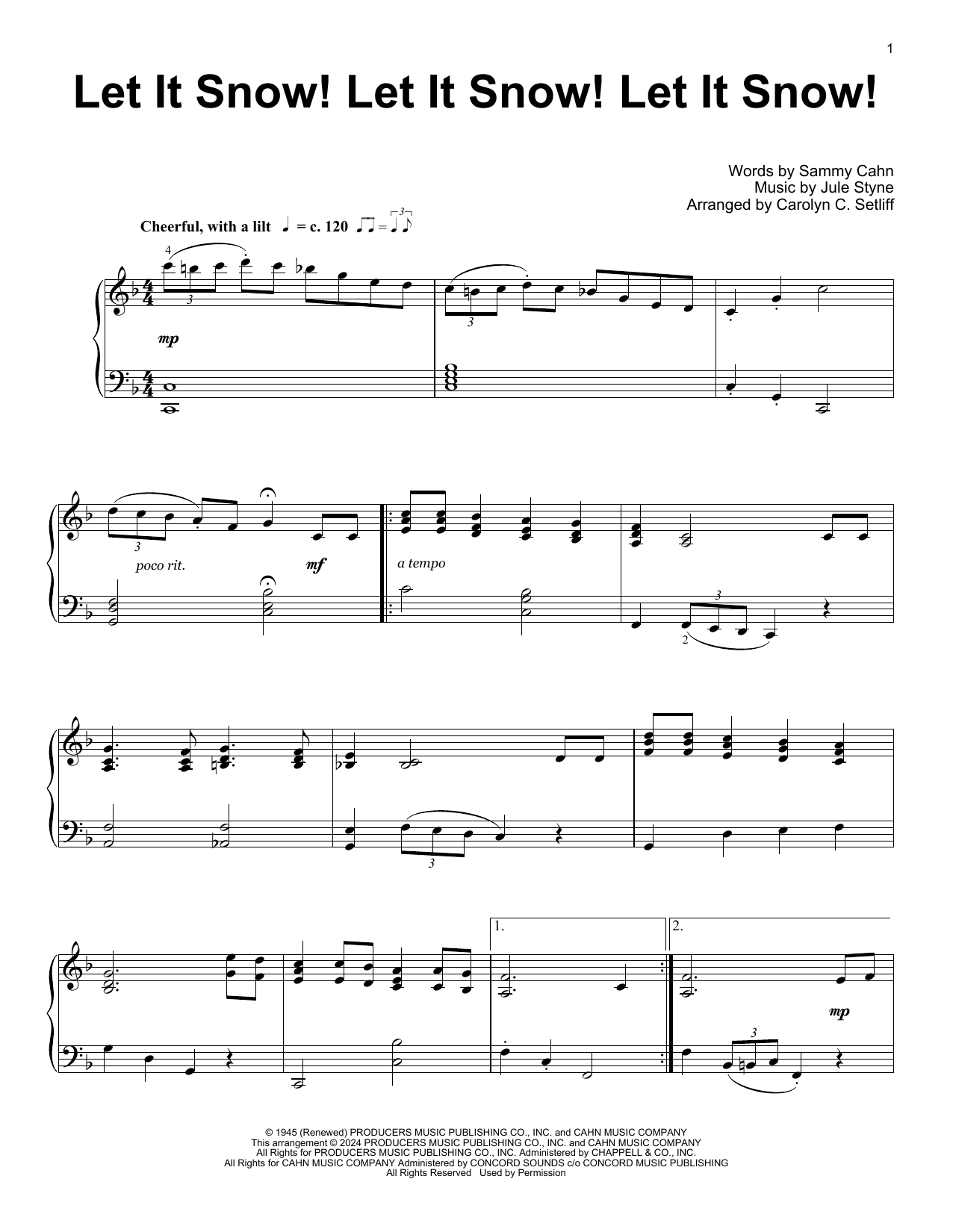 Download Sammy Cahn Let It Snow! Let It Snow! Let It Snow! (arr. Carolyn C. Setliff) Sheet Music and learn how to play Educational Piano PDF digital score in minutes