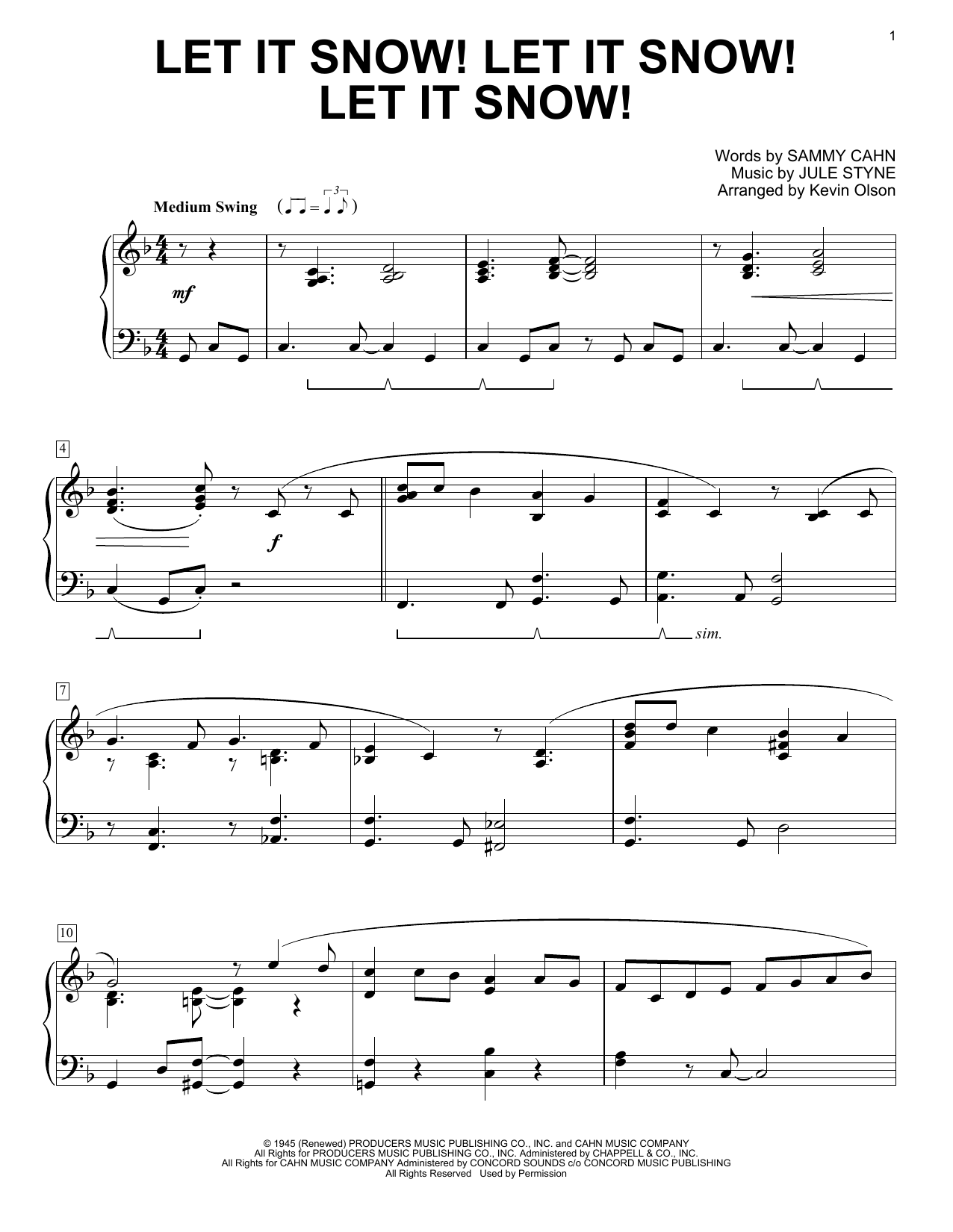 Download Sammy Cahn Let It Snow! Let It Snow! Let It Snow! (arr. Kevin Olson) Sheet Music and learn how to play Easy Piano Solo PDF digital score in minutes