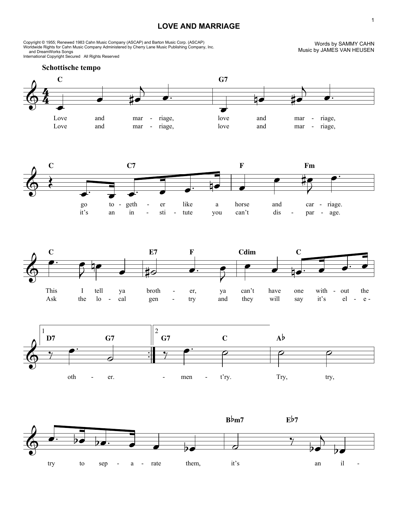 Download Sammy Cahn Love And Marriage Sheet Music and learn how to play Melody Line, Lyrics & Chords PDF digital score in minutes