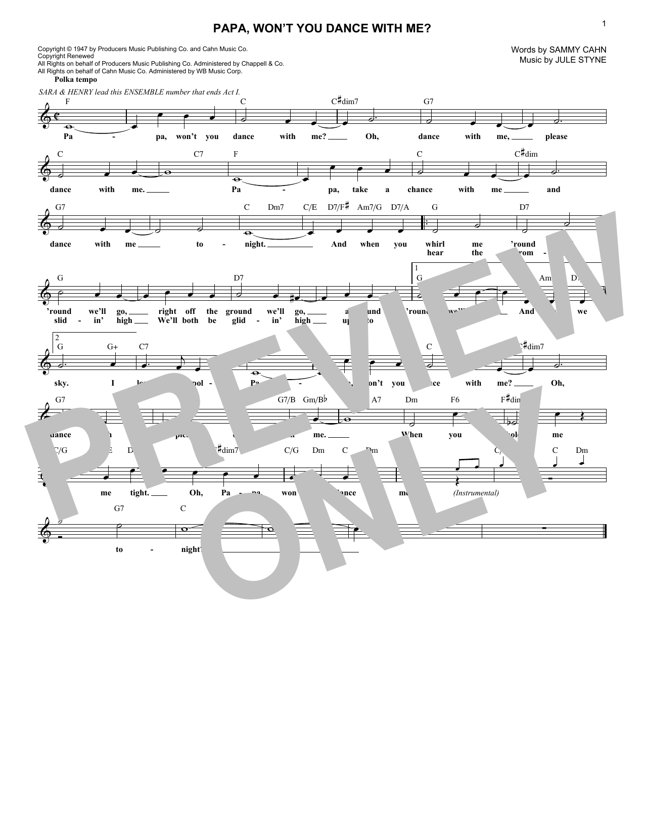 Download Sammy Cahn Papa, Won't You Dance With Me? Sheet Music and learn how to play Lead Sheet / Fake Book PDF digital score in minutes