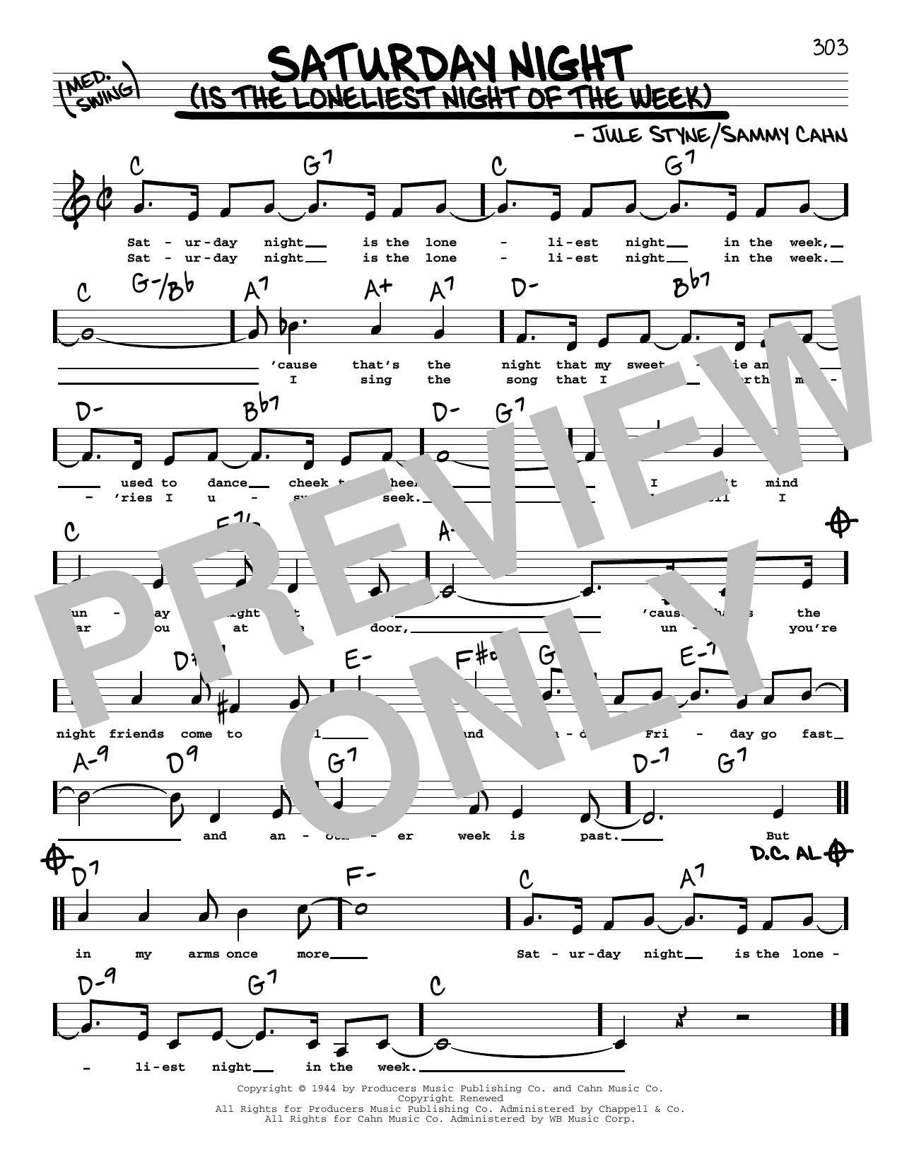 Download Sammy Cahn Saturday Night (Is The Loneliest Night Of The Week) (Low Voice) Sheet Music and learn how to play Real Book – Melody, Lyrics & Chords PDF digital score in minutes