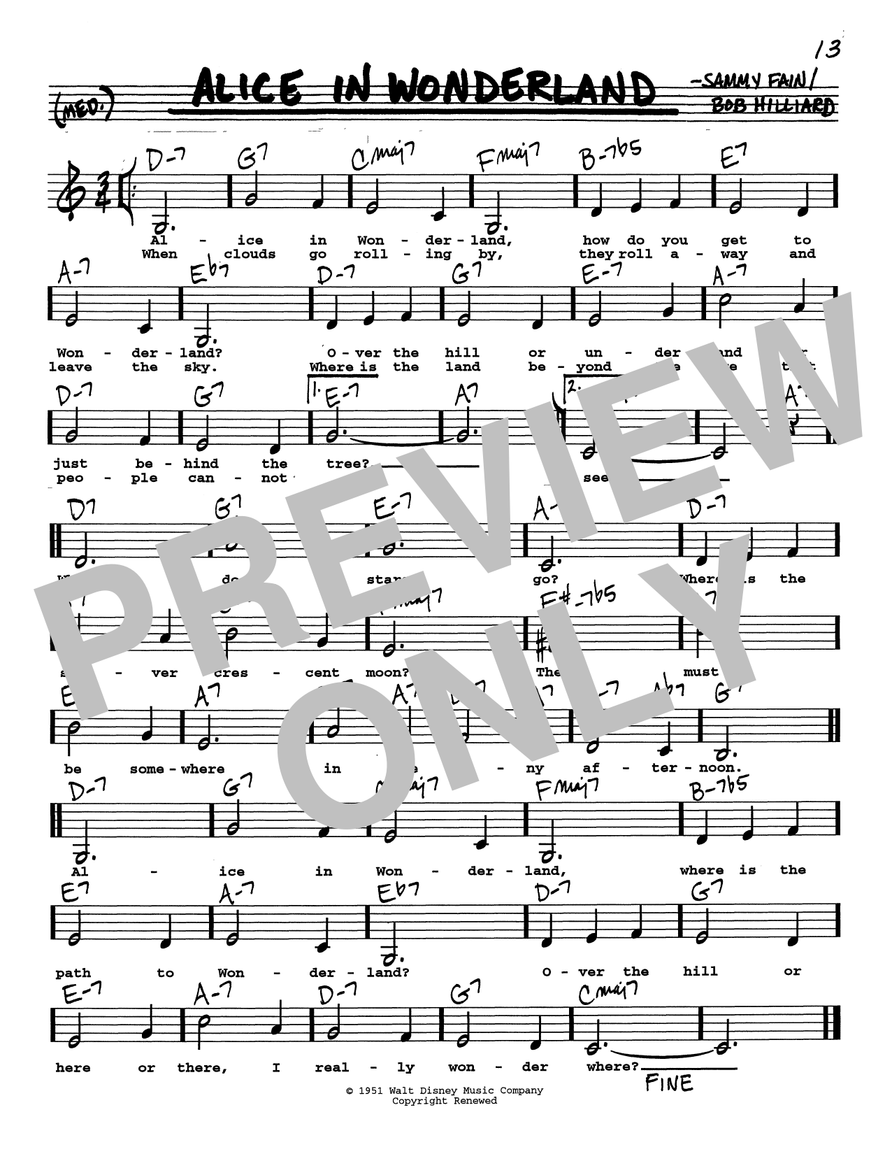 Download Sammy Fain Alice In Wonderland (Low Voice) Sheet Music and learn how to play Real Book – Melody, Lyrics & Chords PDF digital score in minutes