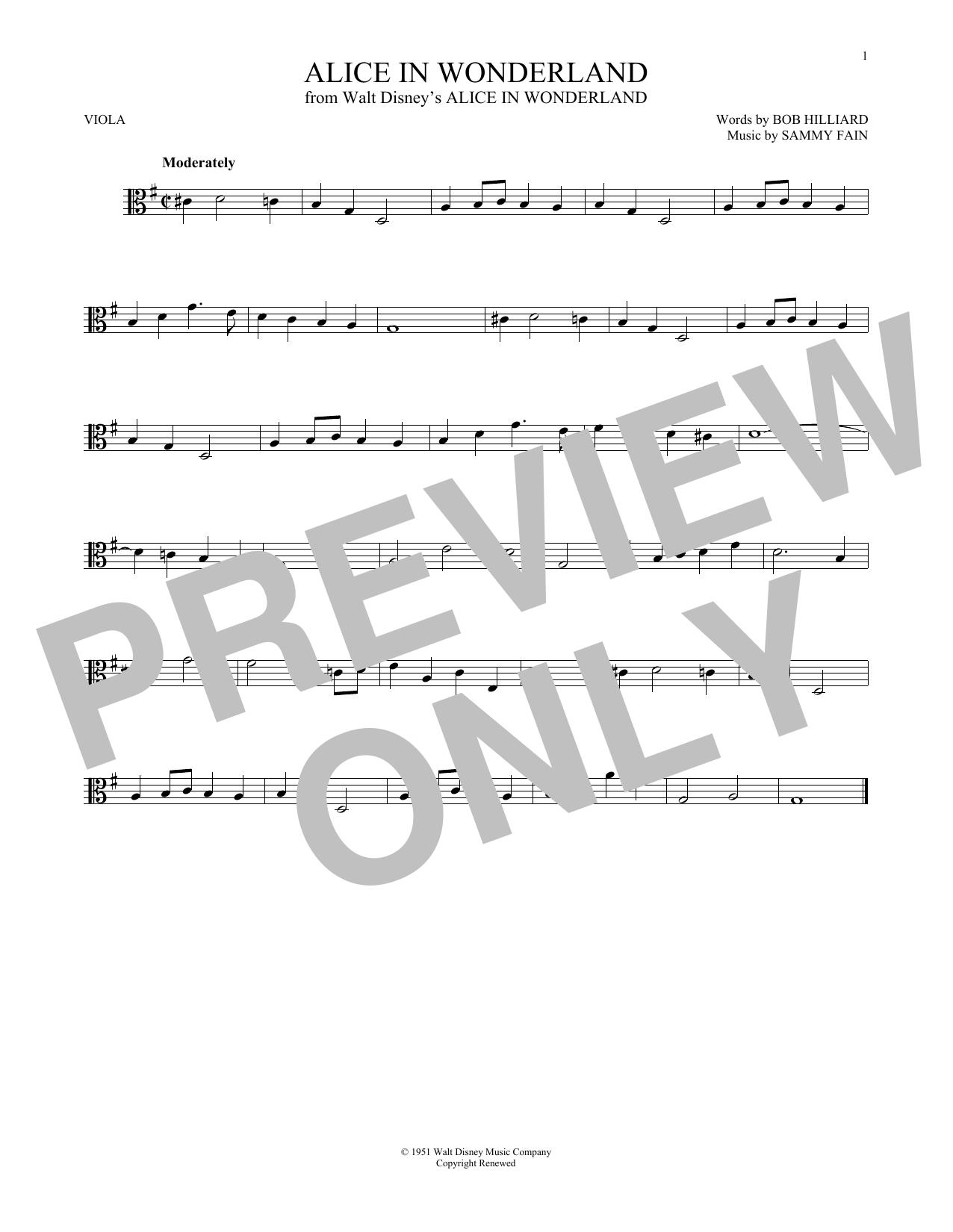 Download Sammy Fain Alice In Wonderland Sheet Music and learn how to play Viola PDF digital score in minutes