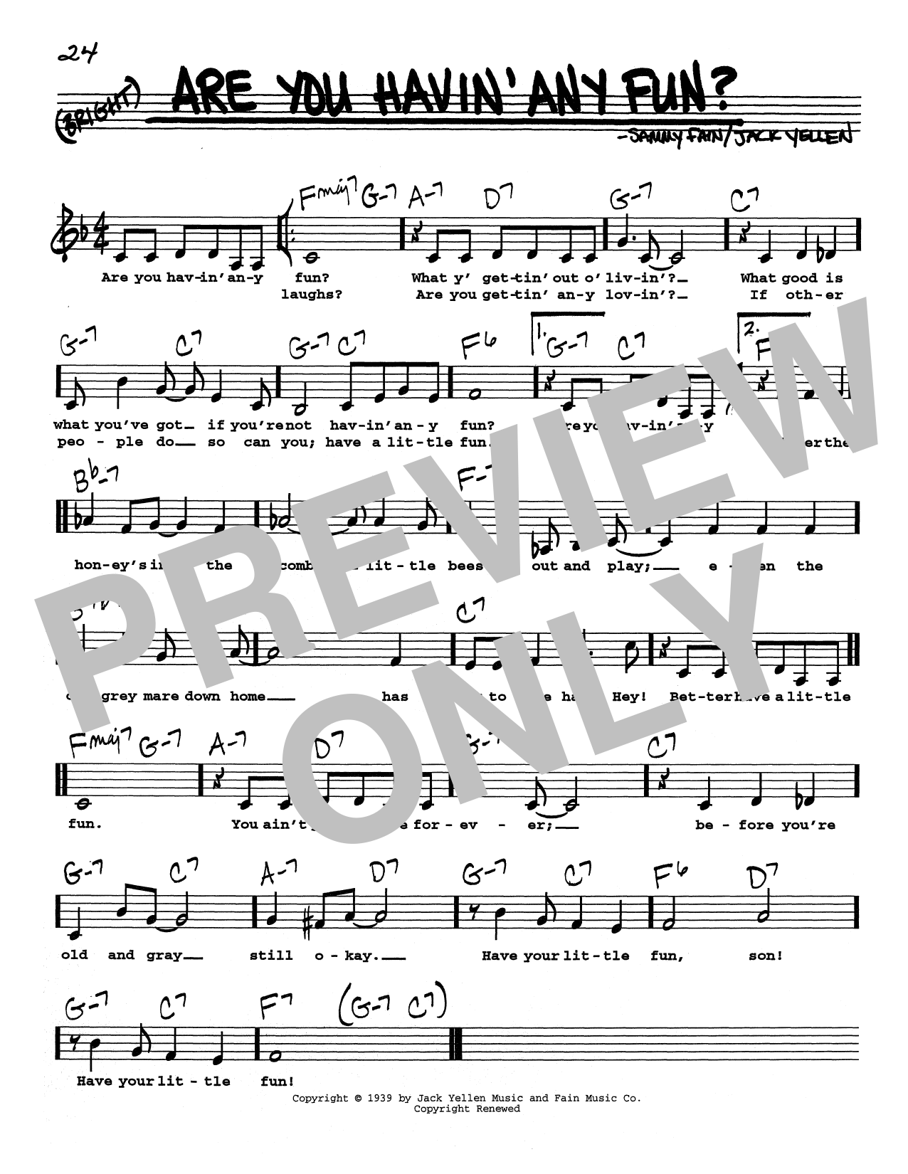 Download Sammy Fain Are You Havin' Any Fun? (Low Voice) Sheet Music and learn how to play Real Book – Melody, Lyrics & Chords PDF digital score in minutes