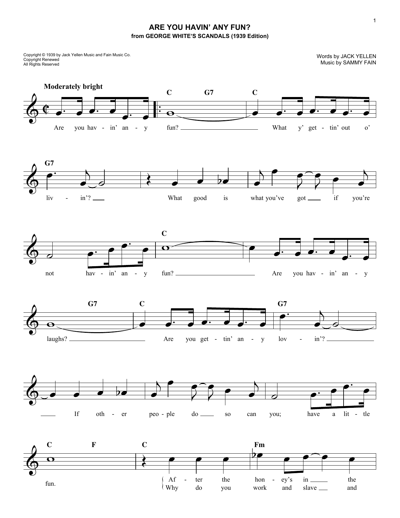 Download Sammy Fain Are You Havin' Any Fun? Sheet Music and learn how to play Melody Line, Lyrics & Chords PDF digital score in minutes