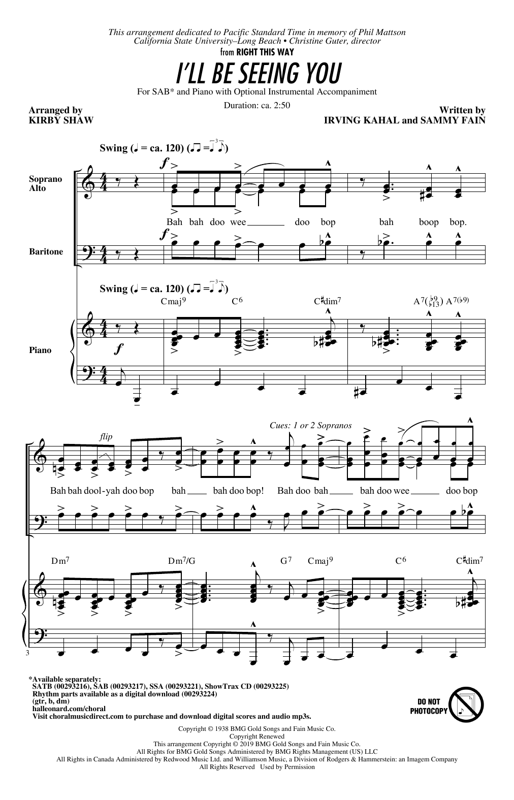 Download Sammy Fain I'll Be Seeing You (arr. Kirby Shaw) Sheet Music and learn how to play SAB Choir PDF digital score in minutes