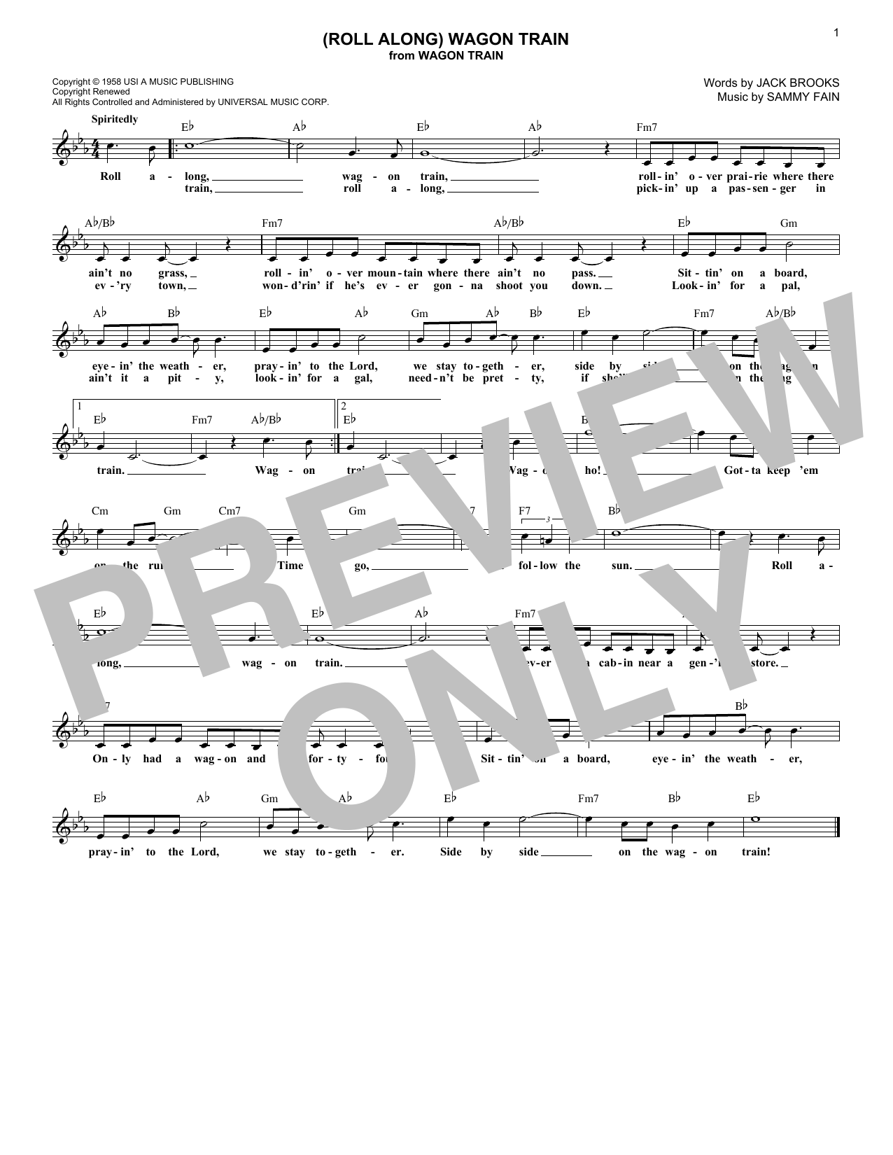 Download Sammy Fain (Roll Along) Wagon Train Sheet Music and learn how to play Lead Sheet / Fake Book PDF digital score in minutes