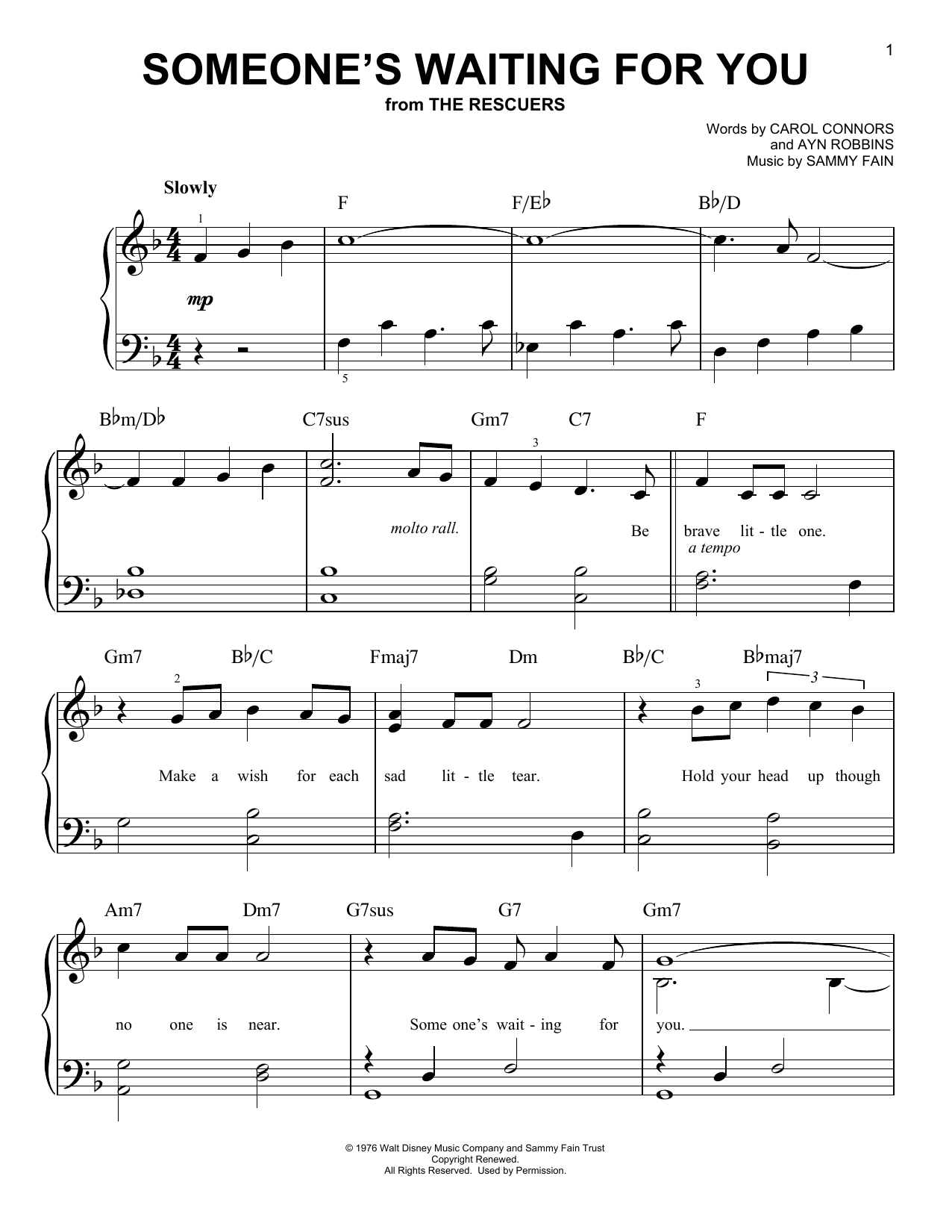 Download Sammy Fain Someone's Waiting For You (from Disney's The Rescuers) Sheet Music and learn how to play Very Easy Piano PDF digital score in minutes