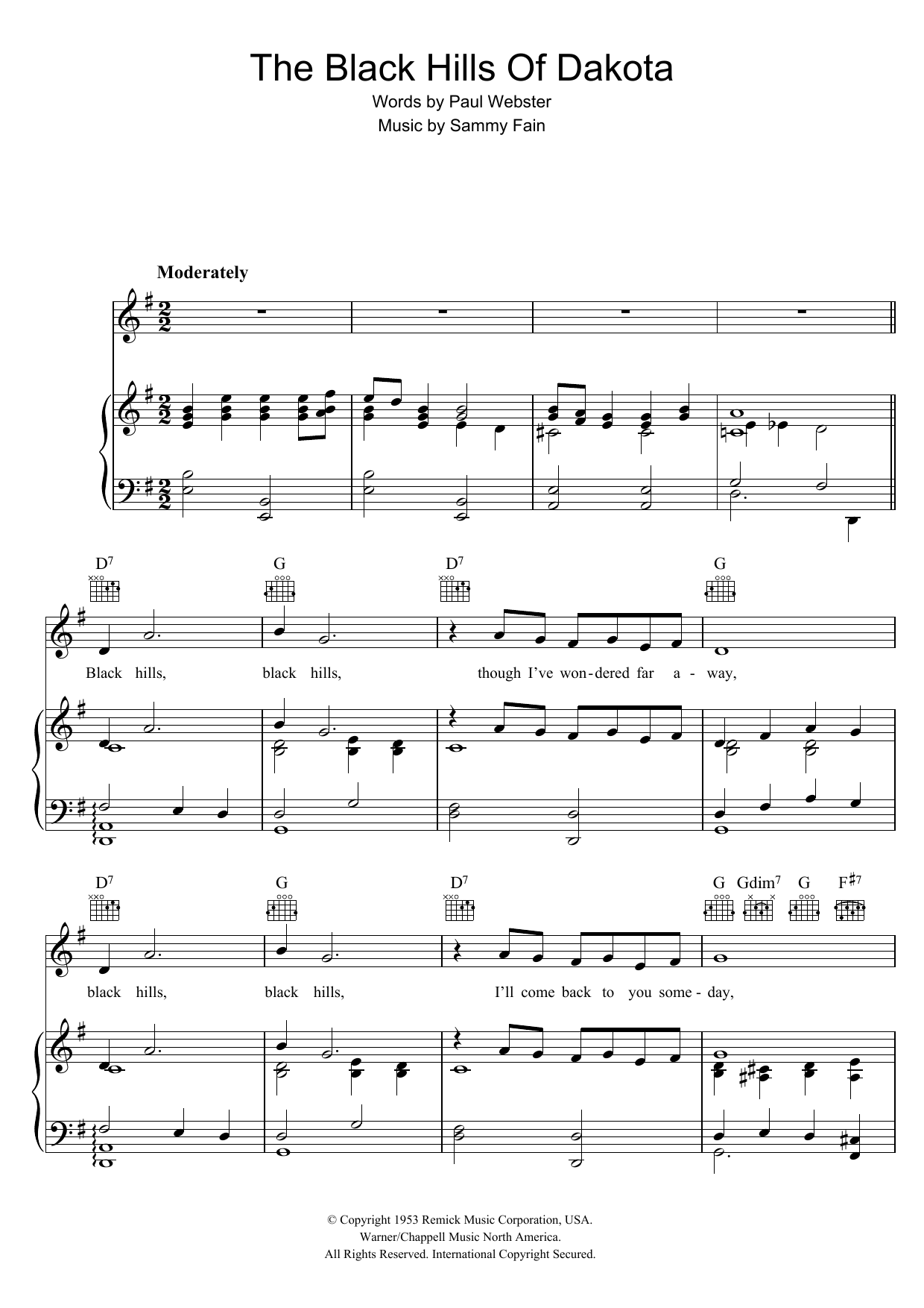 Download Sammy Fain The Black Hills Of Dakota Sheet Music and learn how to play Piano, Vocal & Guitar PDF digital score in minutes