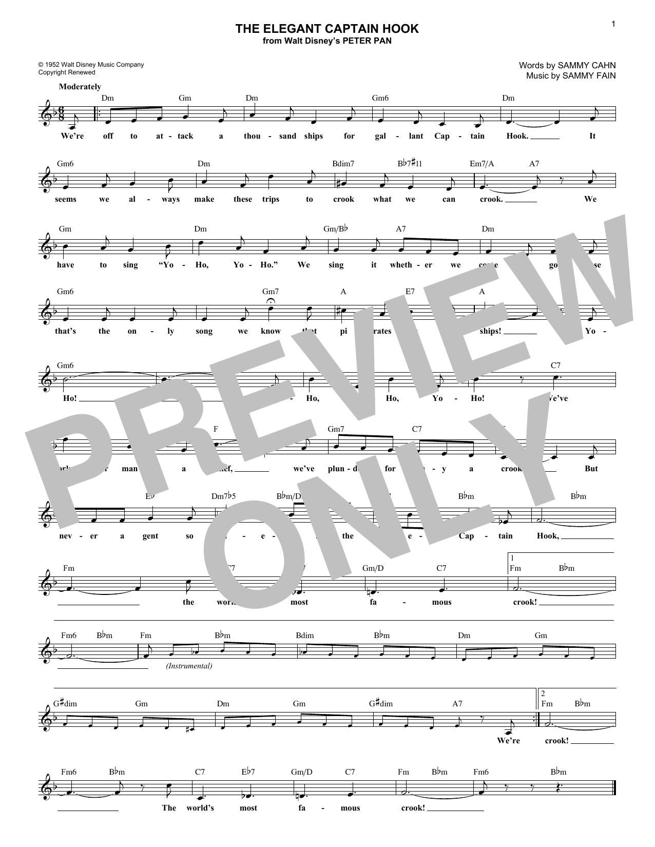 Download Sammy Fain The Elegant Captain Hook Sheet Music and learn how to play Melody Line, Lyrics & Chords PDF digital score in minutes