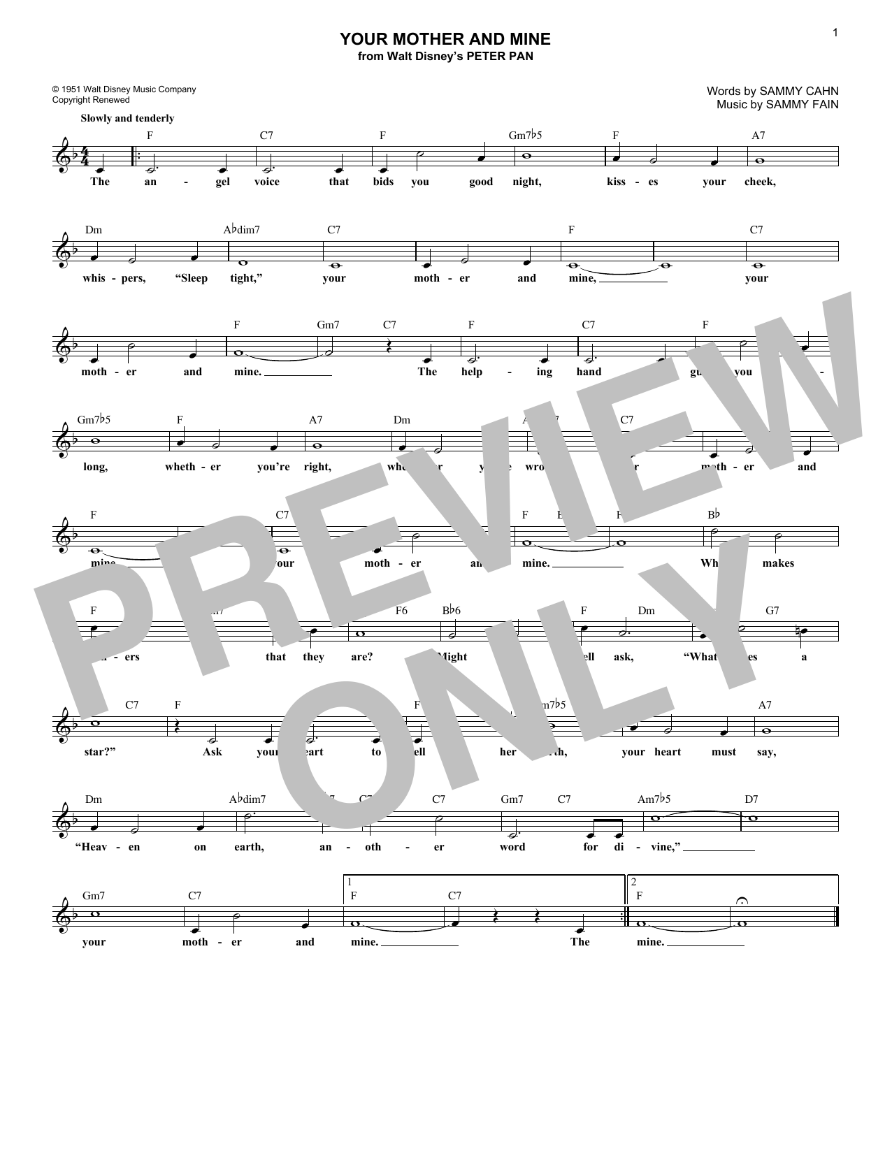 Download Sammy Fain Your Mother And Mine Sheet Music and learn how to play Melody Line, Lyrics & Chords PDF digital score in minutes