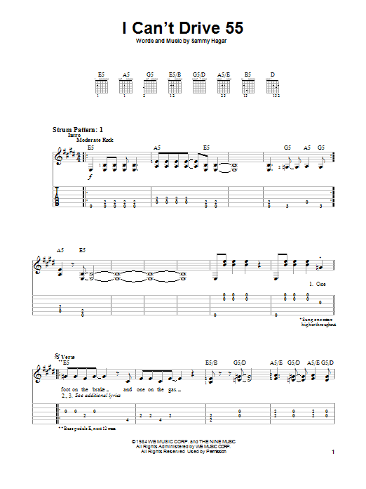 Download Sammy Hagar I Can't Drive 55 Sheet Music and learn how to play Easy Guitar Tab PDF digital score in minutes