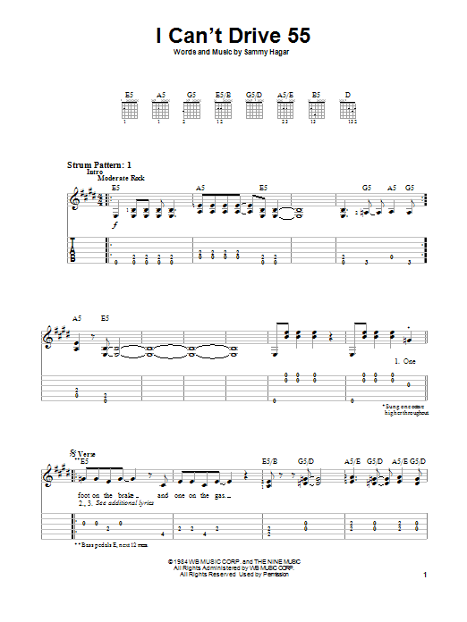 Download Sammy Hagar I Can't Drive 55 Sheet Music and learn how to play Piano, Vocal & Guitar (Right-Hand Melody) PDF digital score in minutes
