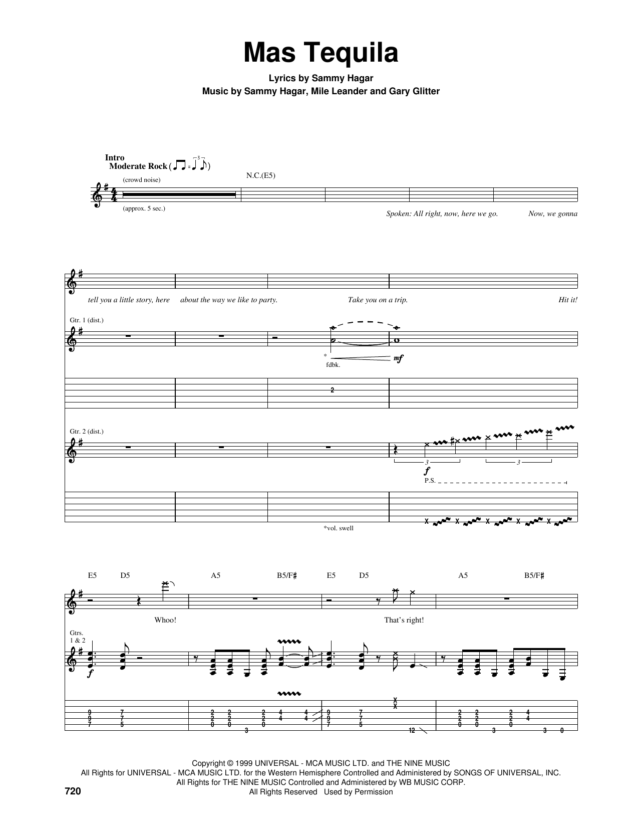 Download Sammy Hagar Mas Tequila Sheet Music and learn how to play Guitar Tab PDF digital score in minutes