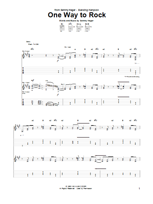 Download Sammy Hagar One Way To Rock Sheet Music and learn how to play Guitar Tab PDF digital score in minutes