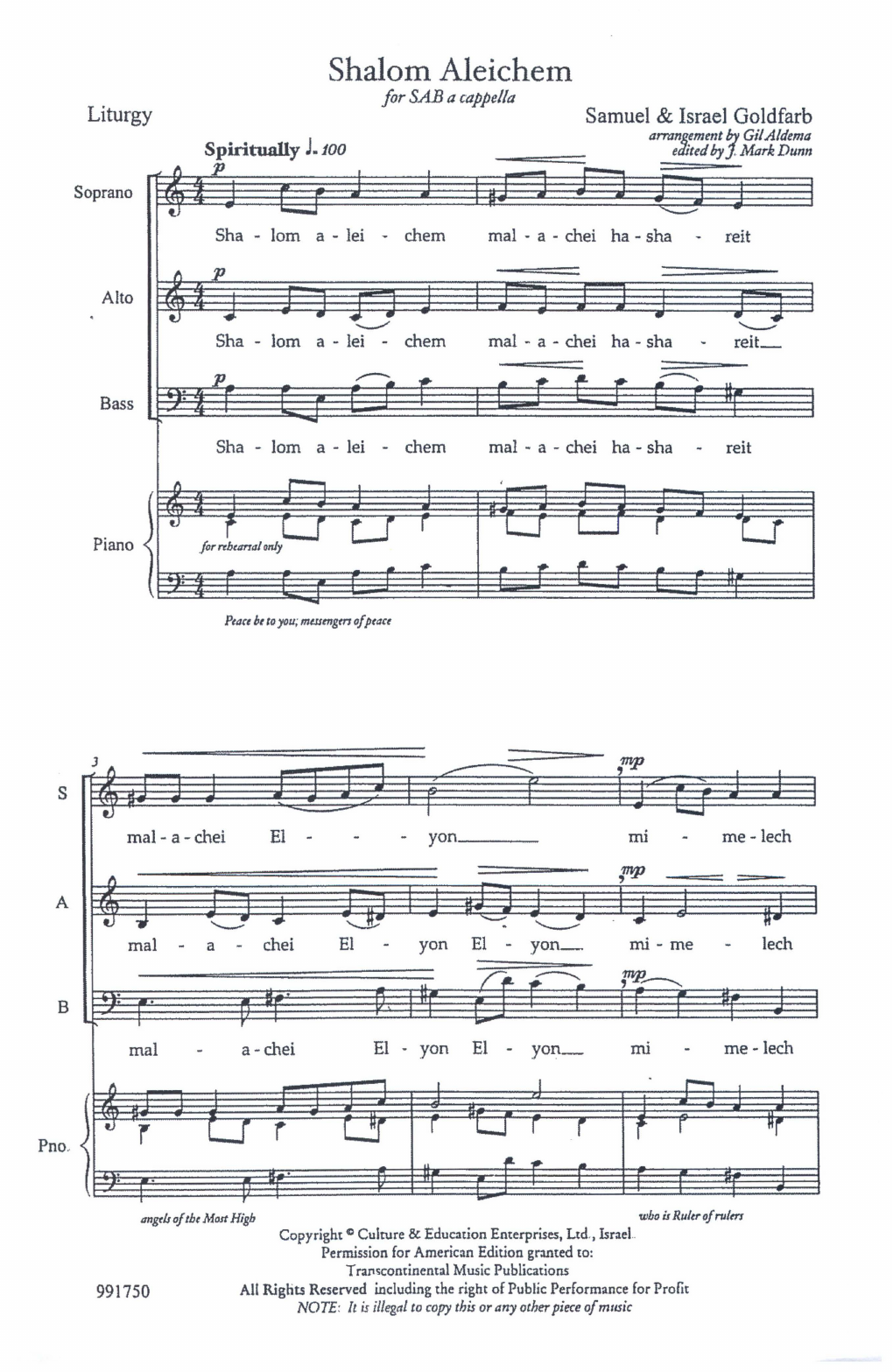 Download Samuel & Israel Goldfarb Shalom Aleichem (arr. Gil Aldema) Sheet Music and learn how to play SAB Choir PDF digital score in minutes