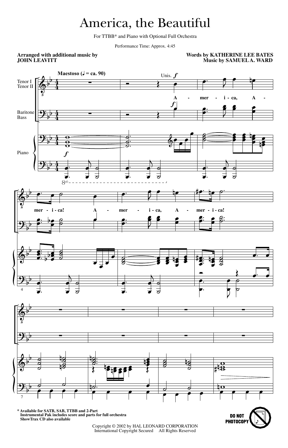 Download Samuel A. Ward America, The Beautiful (arr. John Leavitt) Sheet Music and learn how to play SAB Choir PDF digital score in minutes