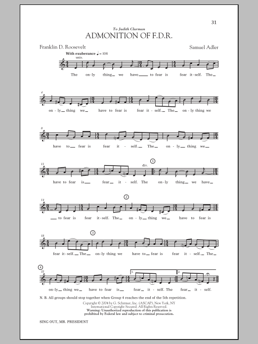 Download Samuel Adler Admonition Of FDR Sheet Music and learn how to play Choral PDF digital score in minutes