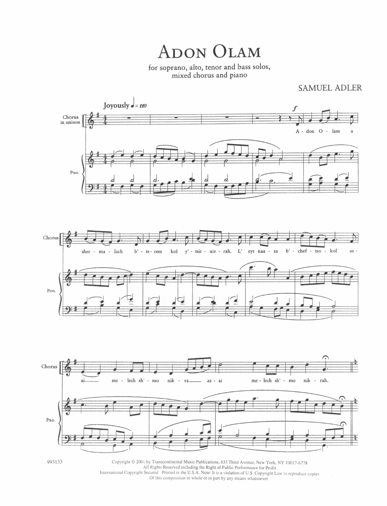 Download Samuel Adler Five Sephardic Choruses: Adon Olam Sheet Music and learn how to play SATB Choir PDF digital score in minutes