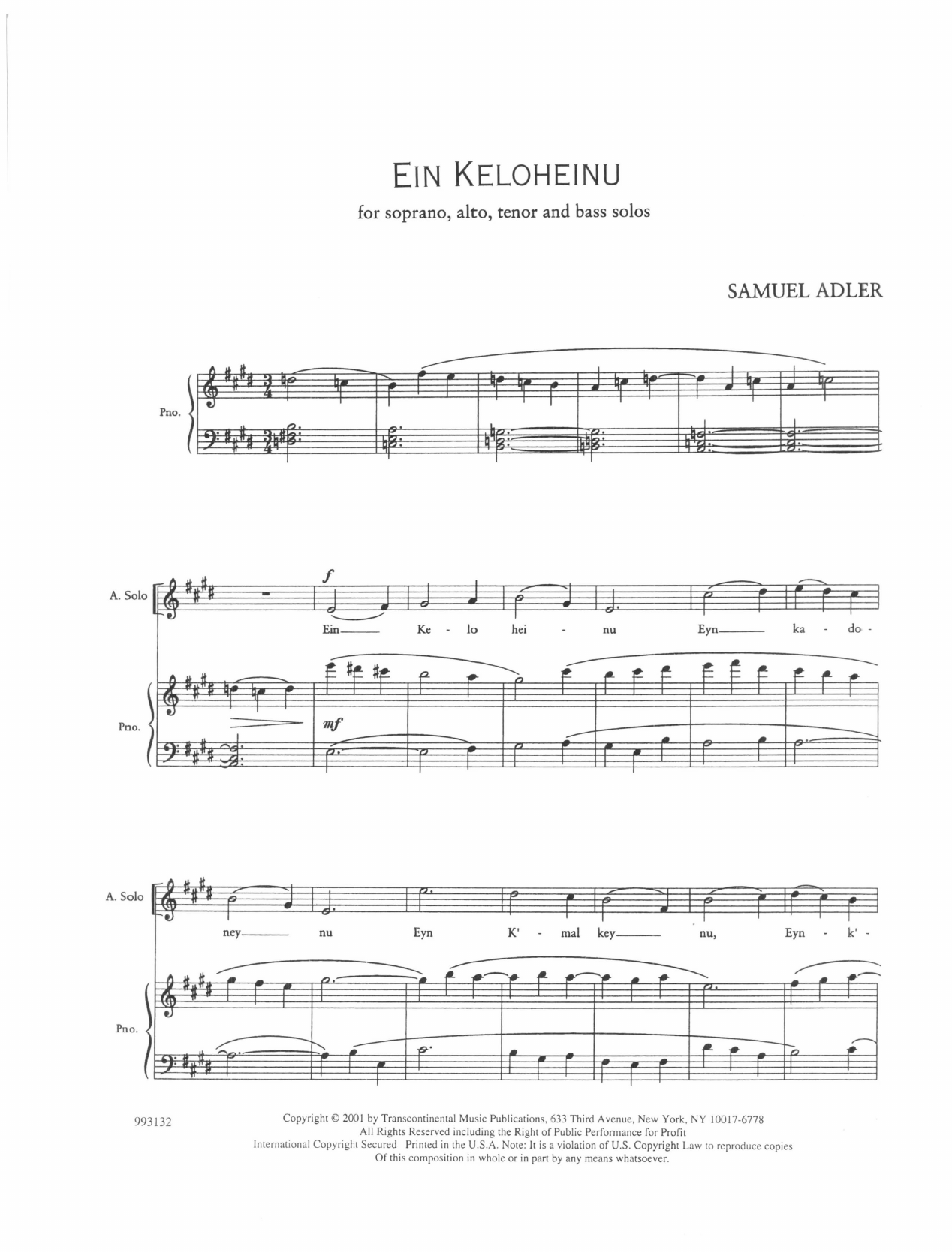 Download Samuel Adler Five Sephardic Choruses: Ein Keloheinu Sheet Music and learn how to play SATB Choir PDF digital score in minutes