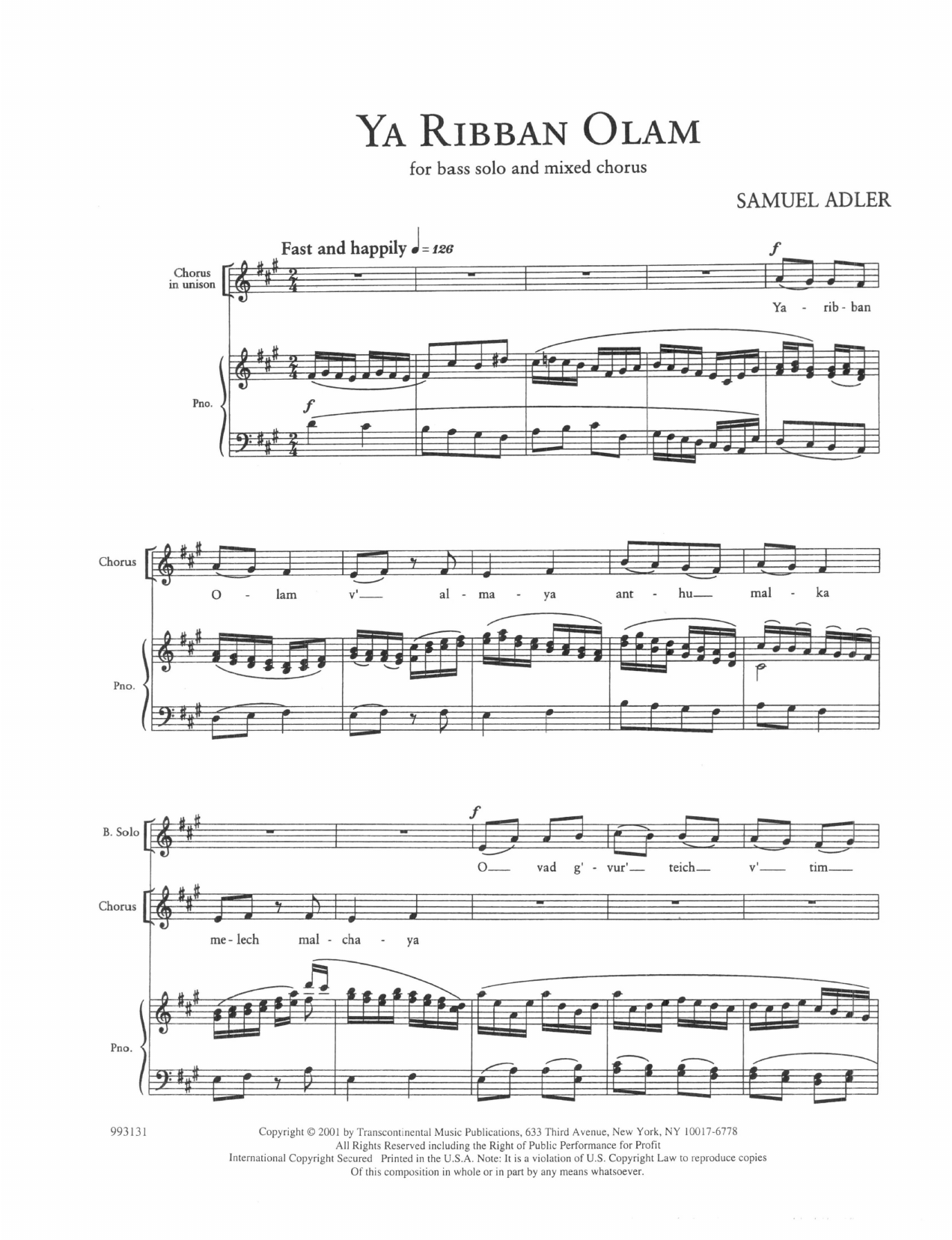 Download Samuel Adler Five Sephardic Choruses: Ya Ribban Olam Sheet Music and learn how to play SATB Choir PDF digital score in minutes