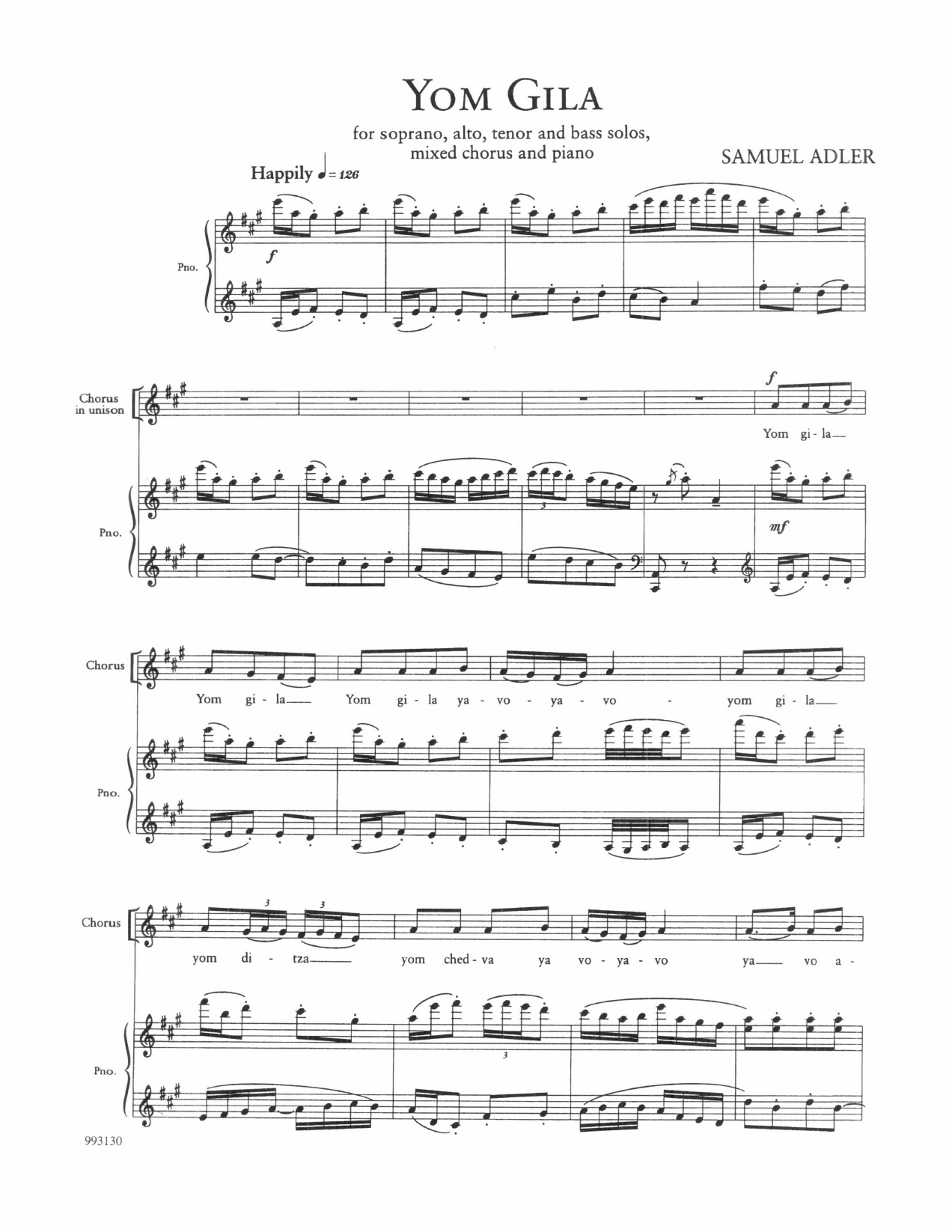 Download Samuel Adler Five Sephardic Choruses: Yom Gila Sheet Music and learn how to play SATB Choir PDF digital score in minutes