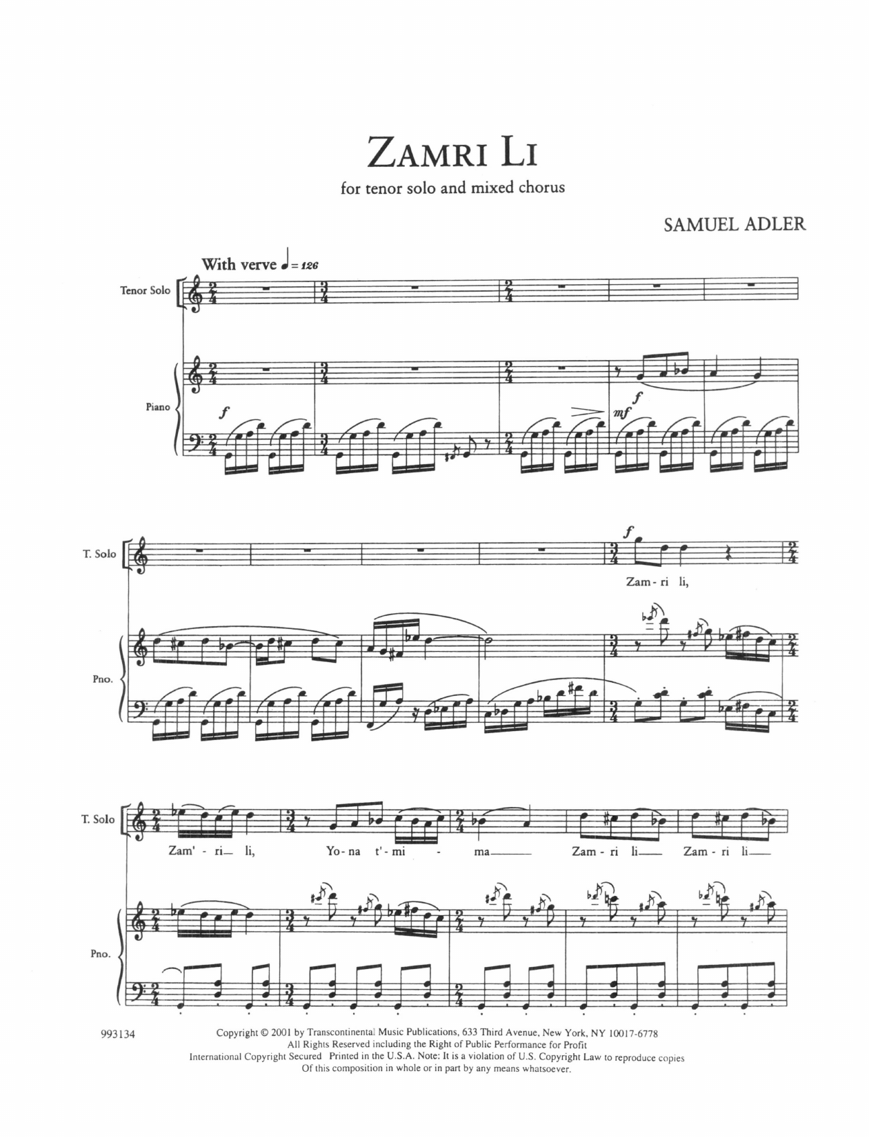 Download Samuel Adler Five Sephardic Choruses: Zamri Li Sheet Music and learn how to play SATB Choir PDF digital score in minutes