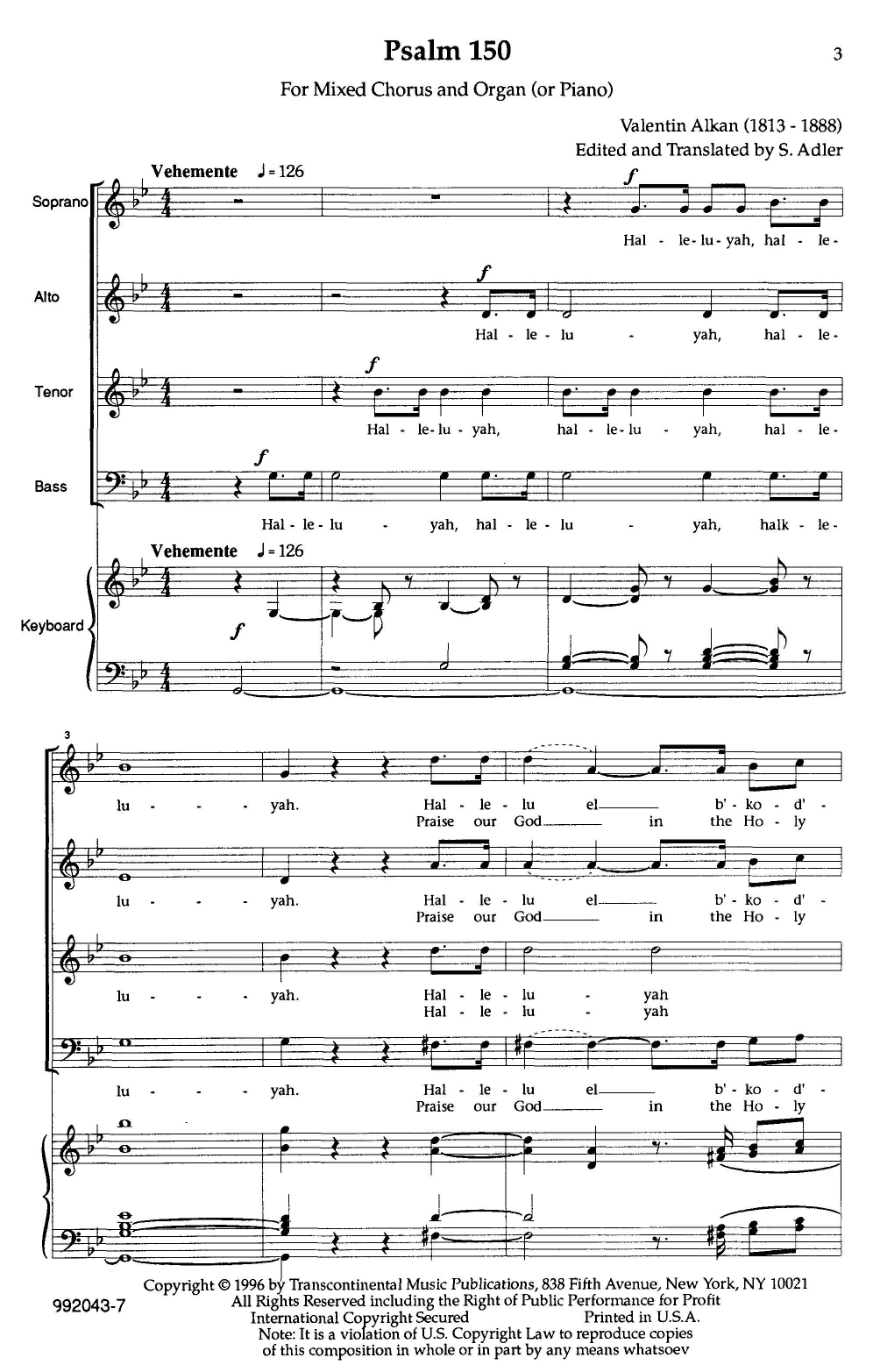 Download Samuel Adler Hallelujah (Psalm 150) Sheet Music and learn how to play SATB Choir PDF digital score in minutes