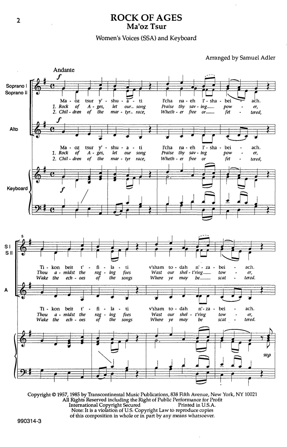 Download Samuel Adler Ma'oz Tzur (Rock Of Ages) Sheet Music and learn how to play SSA Choir PDF digital score in minutes