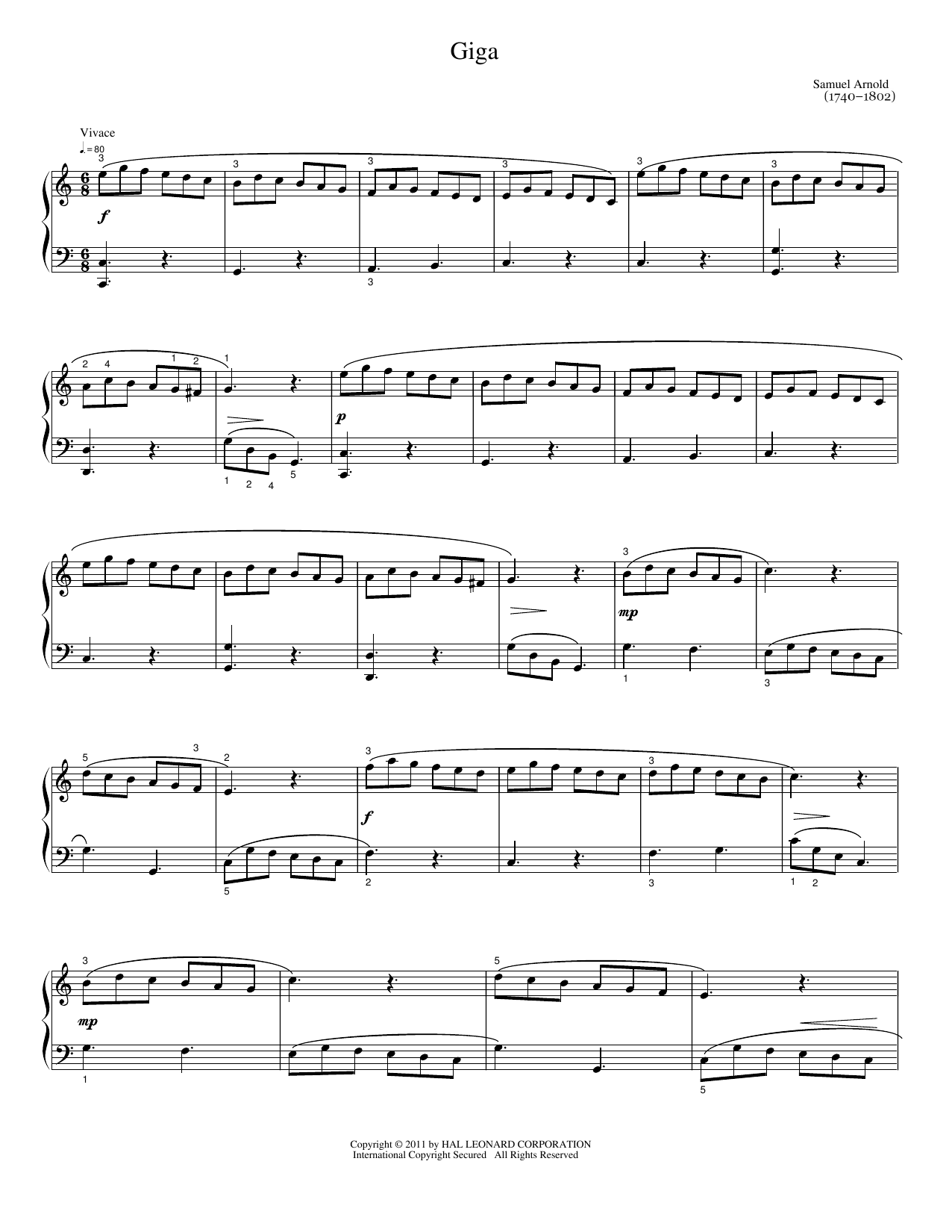 Download Samuel Arnold Giga Sheet Music and learn how to play Easy Piano PDF digital score in minutes