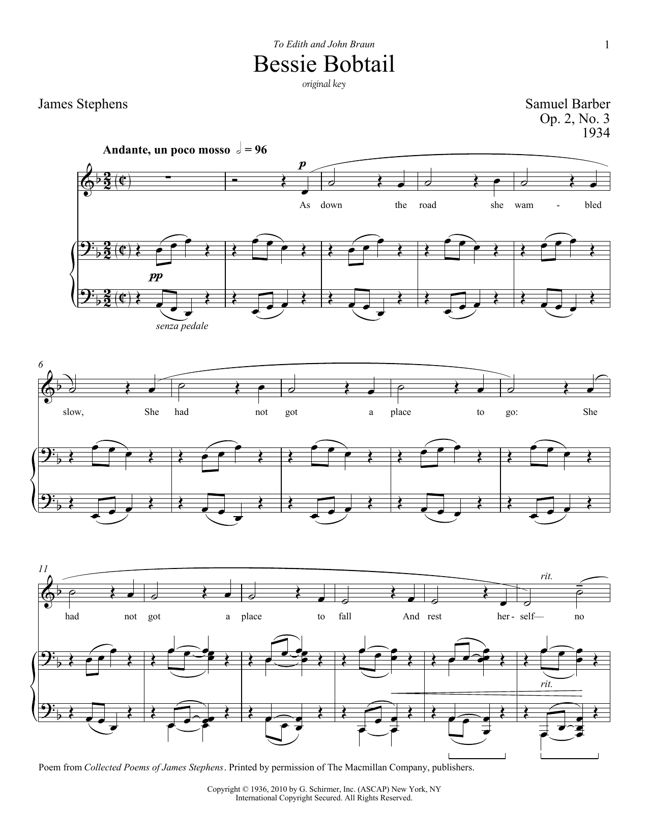 Download Samuel Barber Bessie Bobtail, Op.2, No.3 Sheet Music and learn how to play Piano & Vocal PDF digital score in minutes