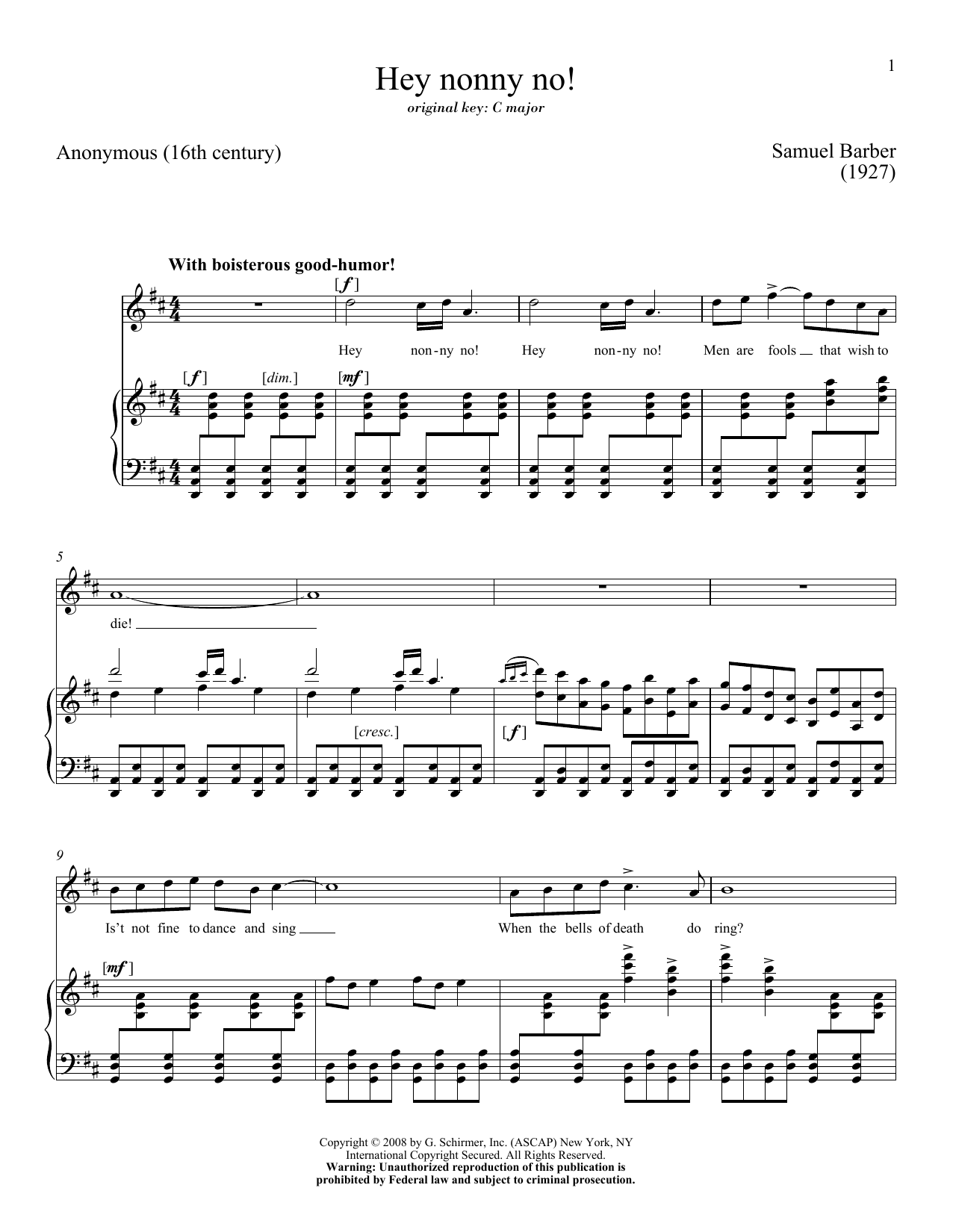 Download Samuel Barber Hey Nonny-No! Sheet Music and learn how to play Piano & Vocal PDF digital score in minutes