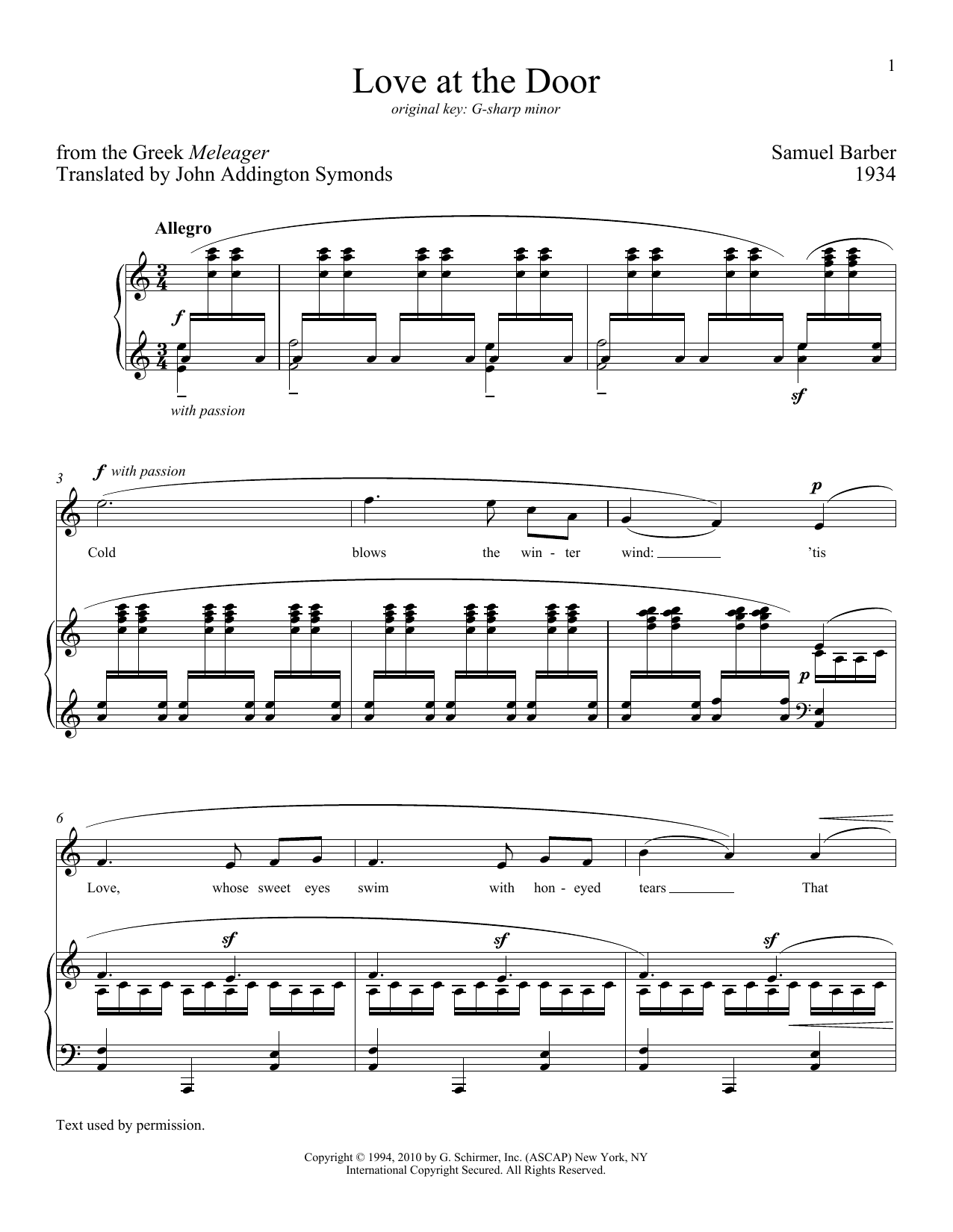 Download Samuel Barber Love At The Door Sheet Music and learn how to play Piano & Vocal PDF digital score in minutes