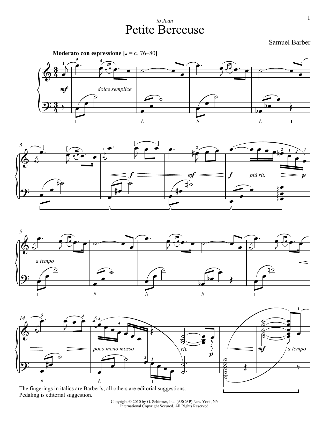 Download Samuel Barber Petite Berceuse Sheet Music and learn how to play Piano PDF digital score in minutes
