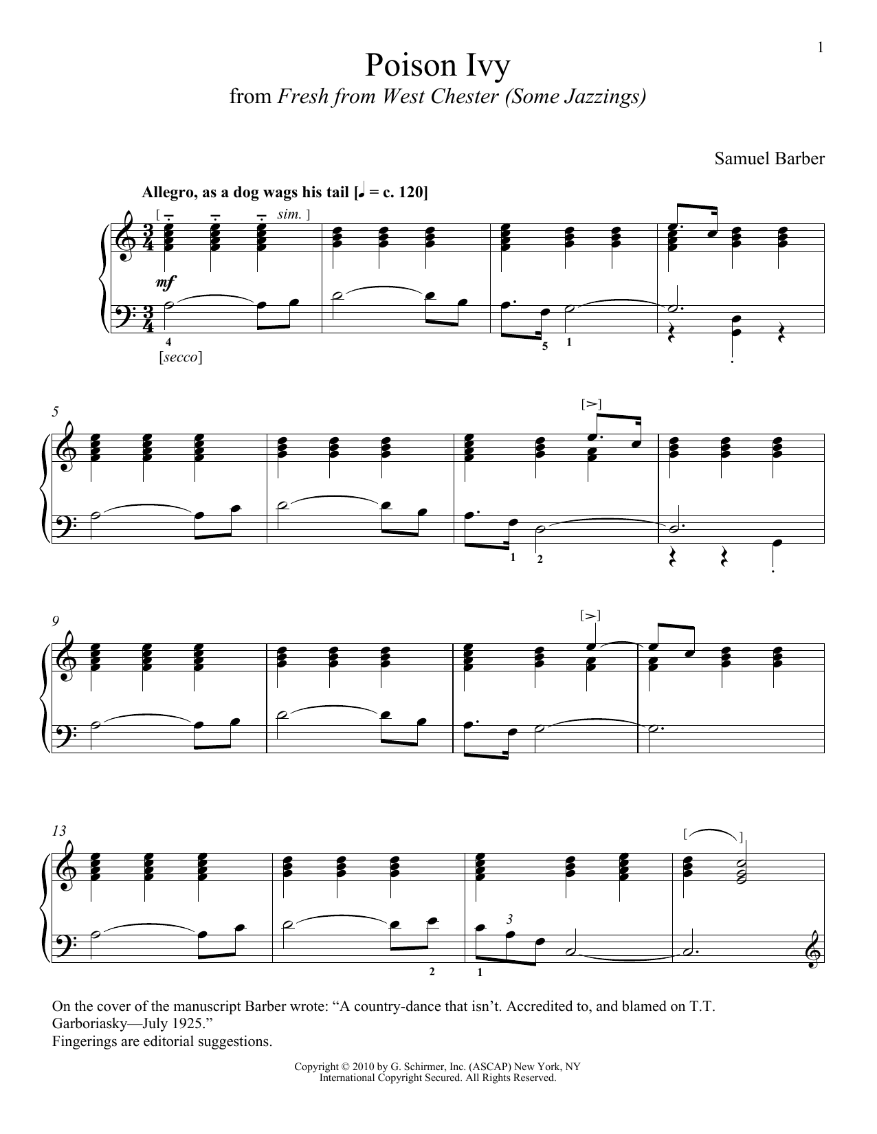 Download Samuel Barber Poison Ivy Sheet Music and learn how to play Piano PDF digital score in minutes
