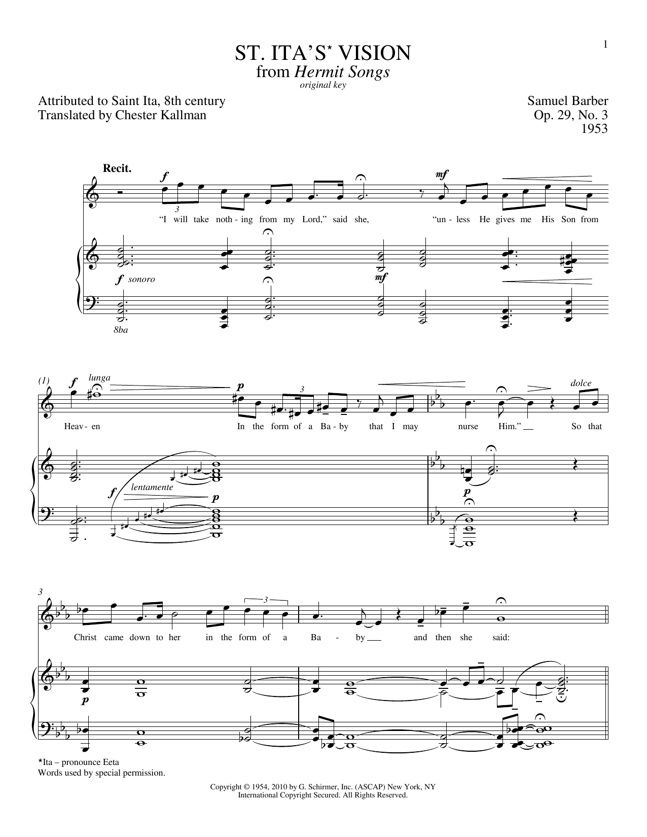 Download Samuel Barber St. Ita's Vision (from 'Hermitt Songs') Op.29, No.3 Sheet Music and learn how to play Piano & Vocal PDF digital score in minutes