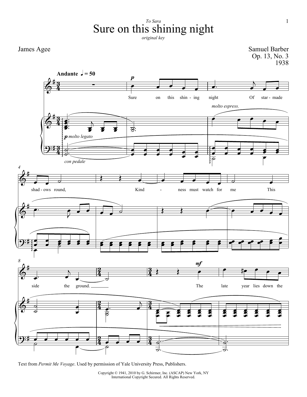 Download Samuel Barber Sure On This Shining Night Sheet Music and learn how to play SATB PDF digital score in minutes