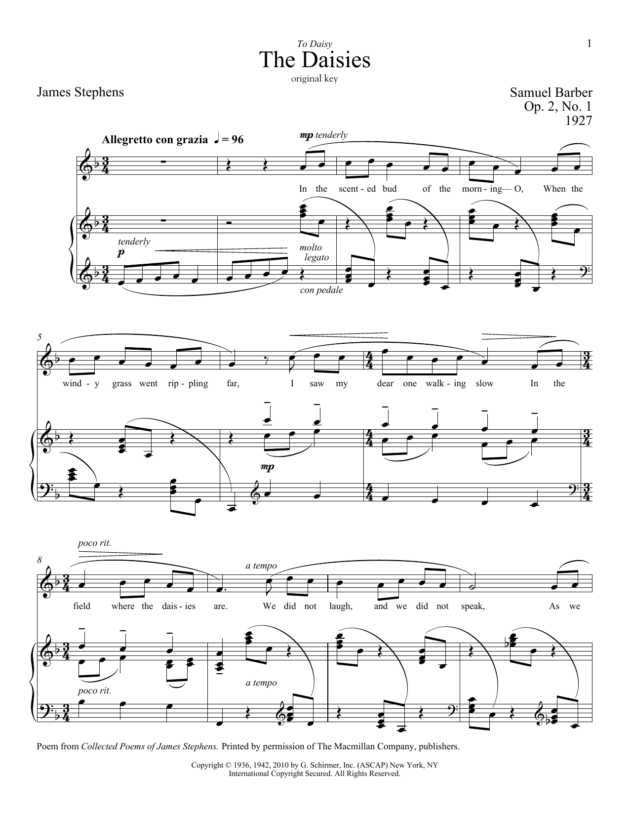 Download Samuel Barber The Daisies Sheet Music and learn how to play Piano & Vocal PDF digital score in minutes
