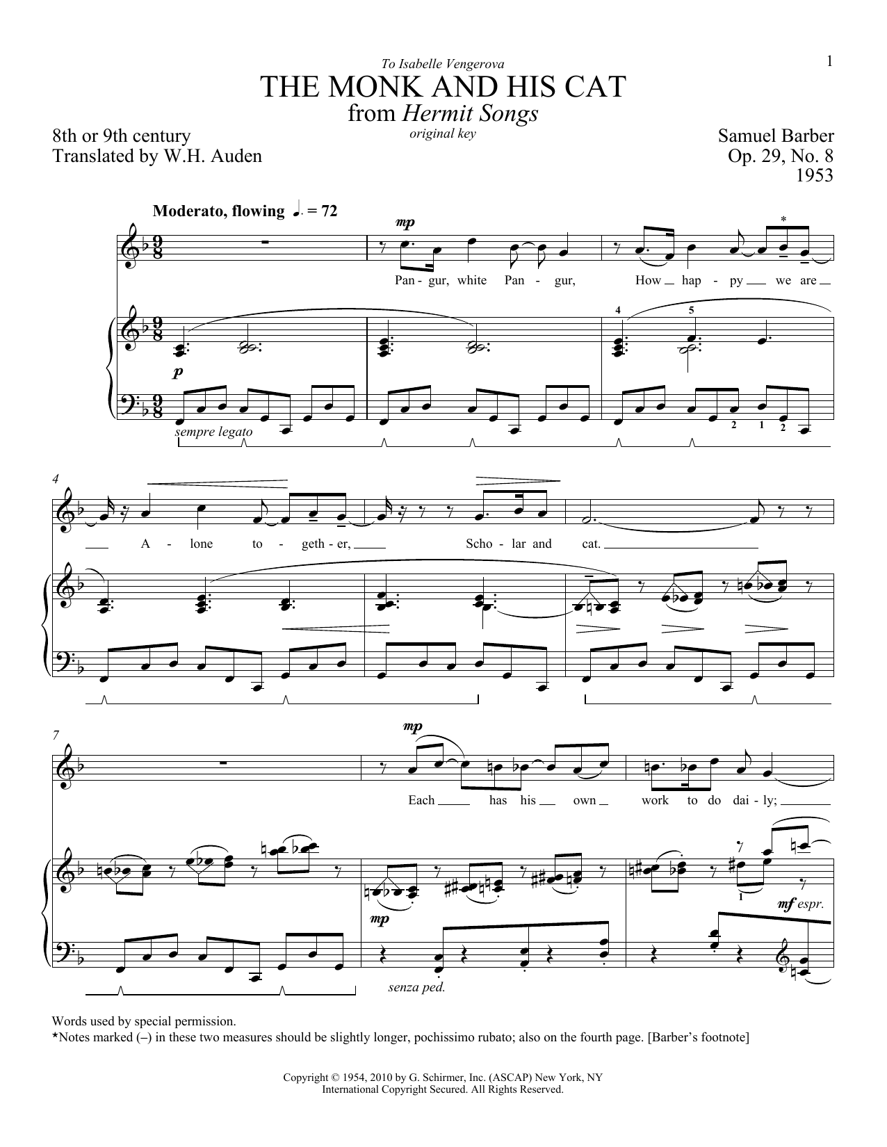 Download Samuel Barber The Monk And His Cat (from 'Hermitt Songs'), Op.29, No.8 Sheet Music and learn how to play Piano & Vocal PDF digital score in minutes