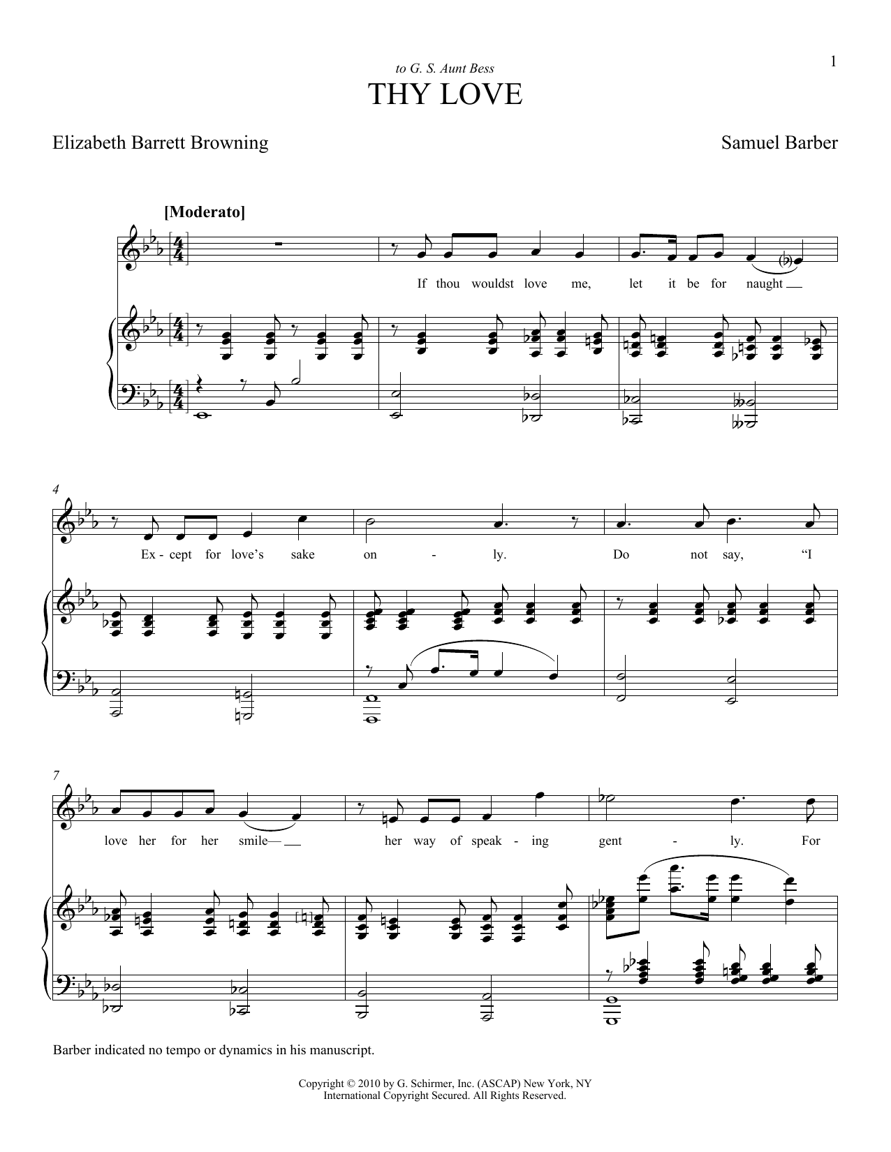 Download Samuel Barber Thy Love Sheet Music and learn how to play Piano & Vocal PDF digital score in minutes